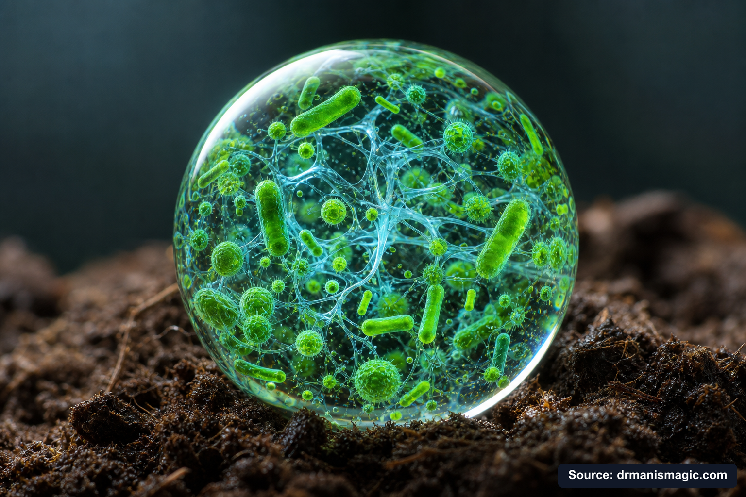 Close-up of live beneficial soil microbes and mycorrhizae fungi