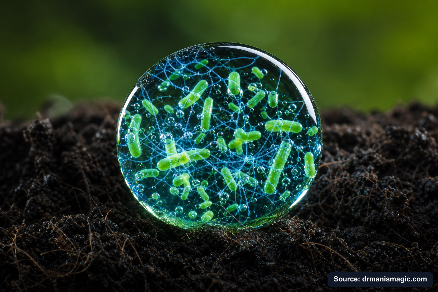 Close-up of live beneficial soil microbes and mycorrhizae fungi