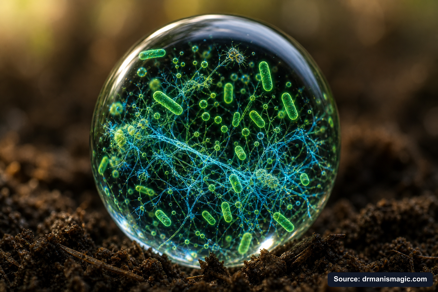 Close-up of live beneficial soil microbes and mycorrhizae fungi