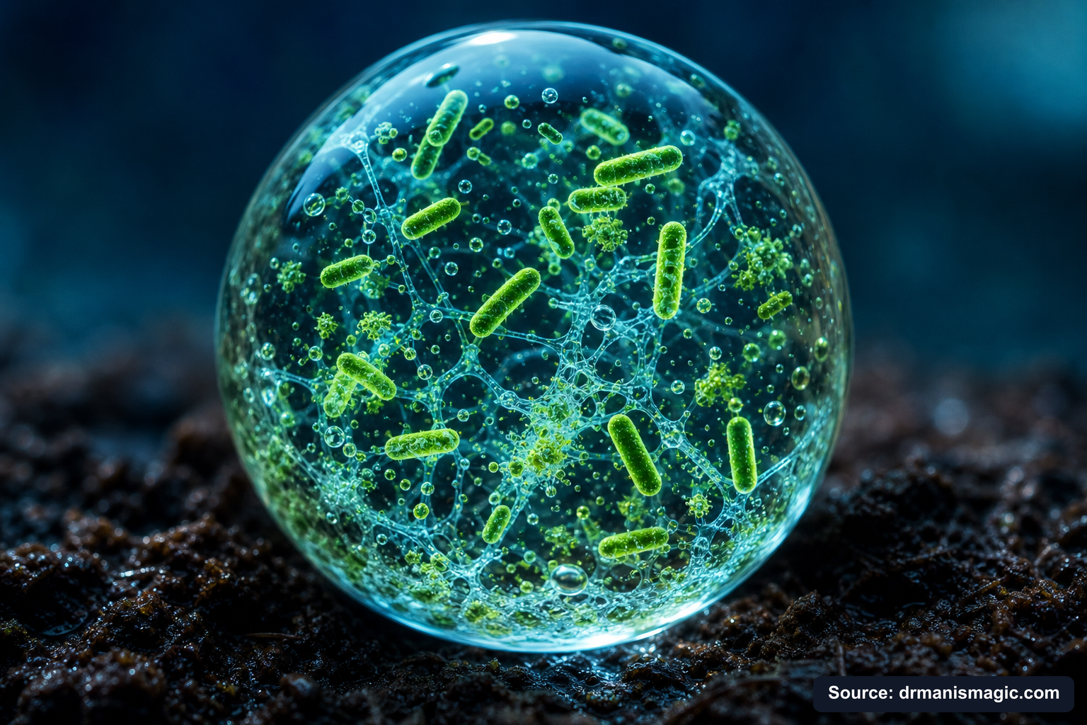 Close-up of live beneficial soil microbes and mycorrhizae fungi
