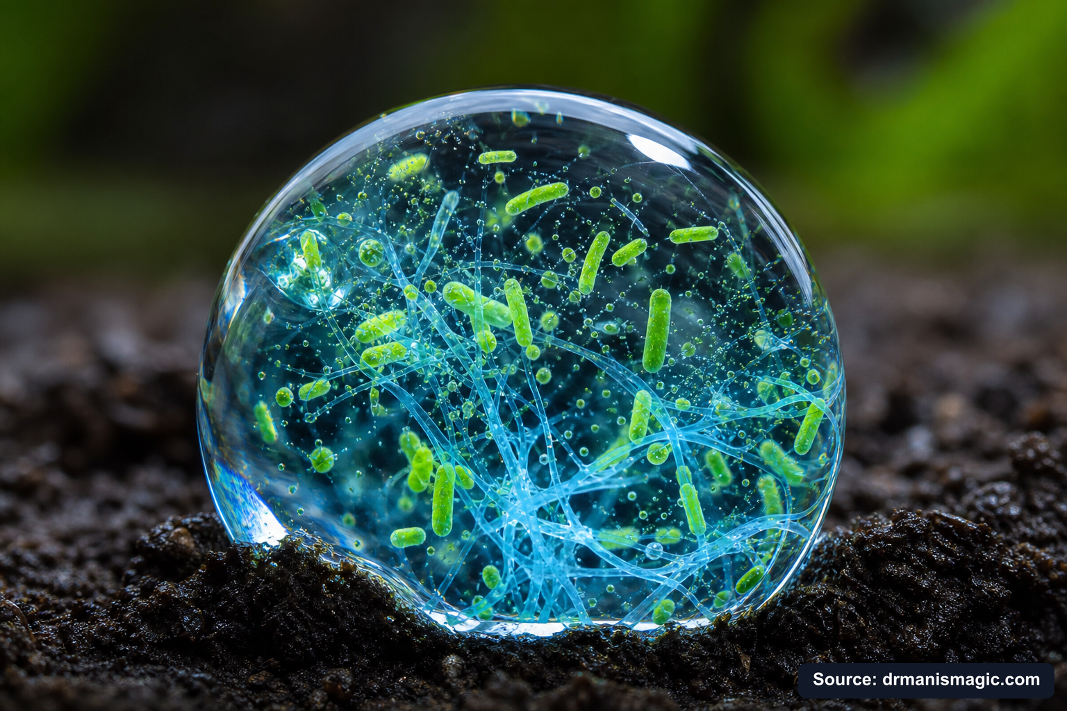 Close-up of live beneficial soil microbes and mycorrhizae fungi