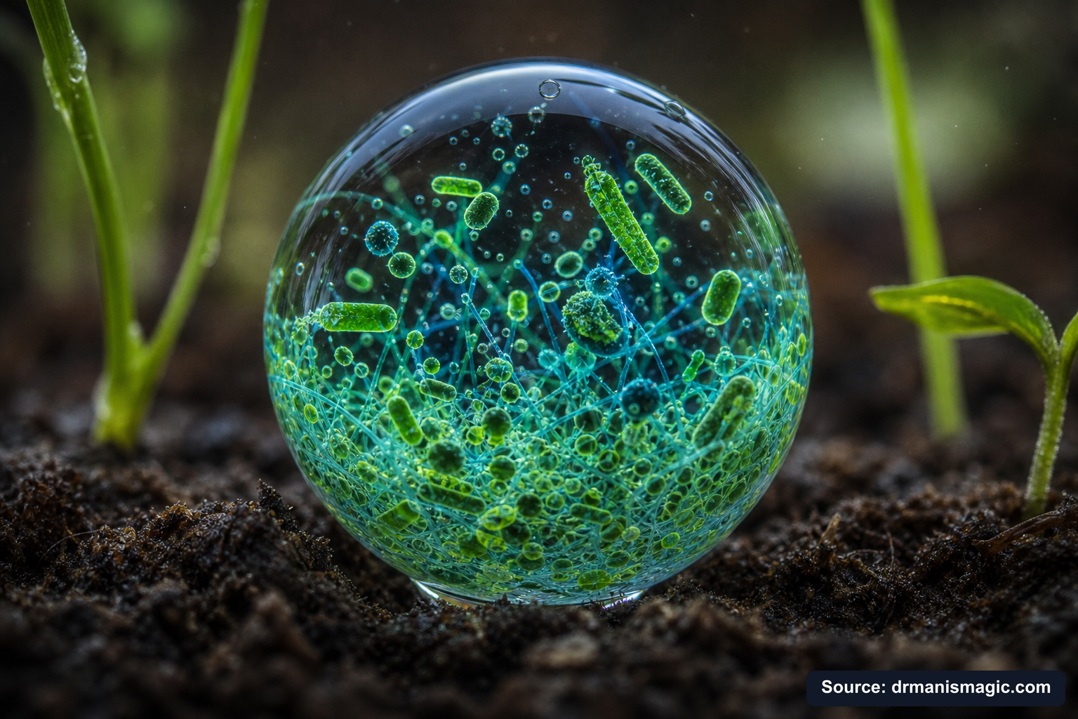 Close-up of live beneficial soil microbes and mycorrhizae fungi