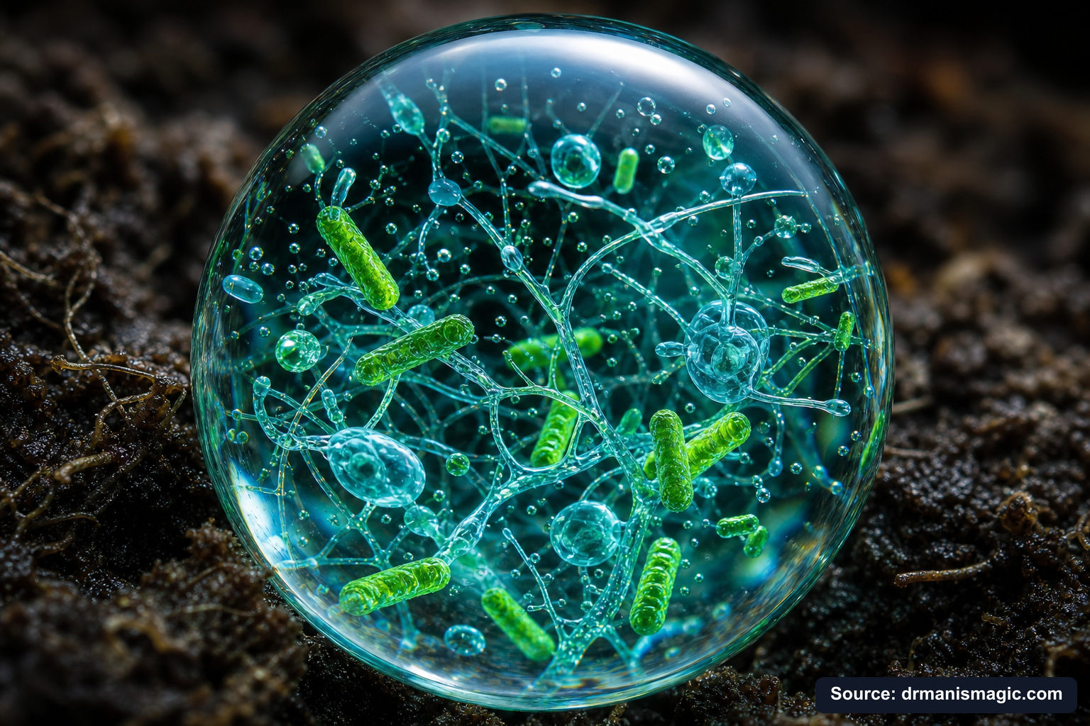 Close-up of live beneficial soil microbes and mycorrhizae fungi