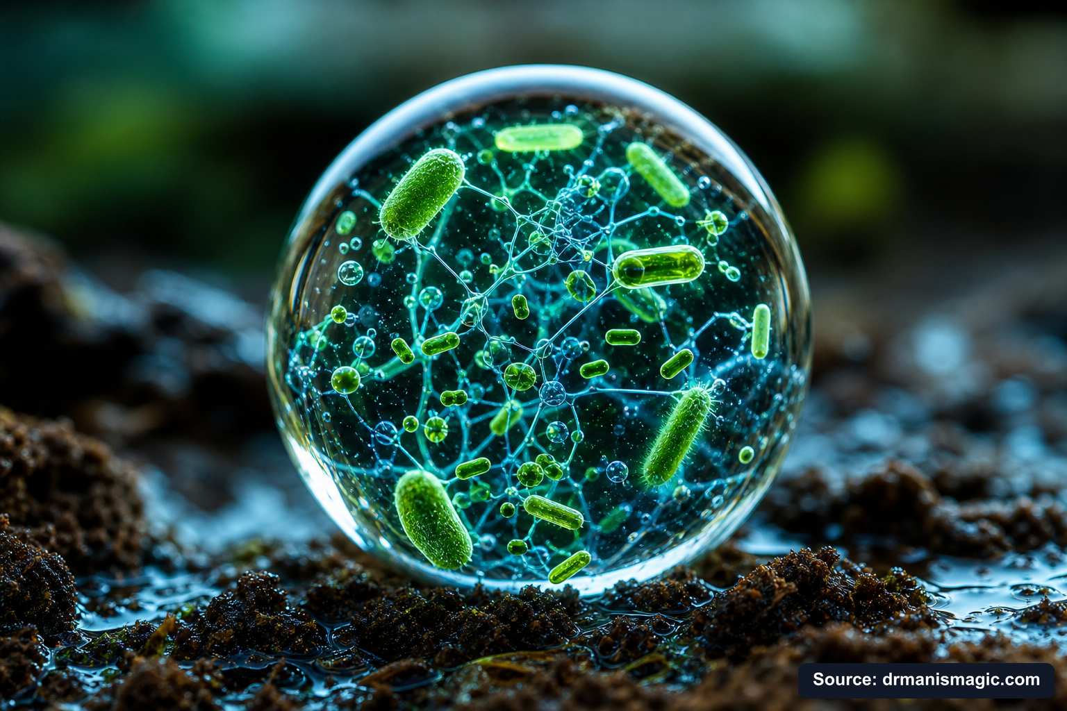 Close-up of live beneficial soil microbes and mycorrhizae fungi