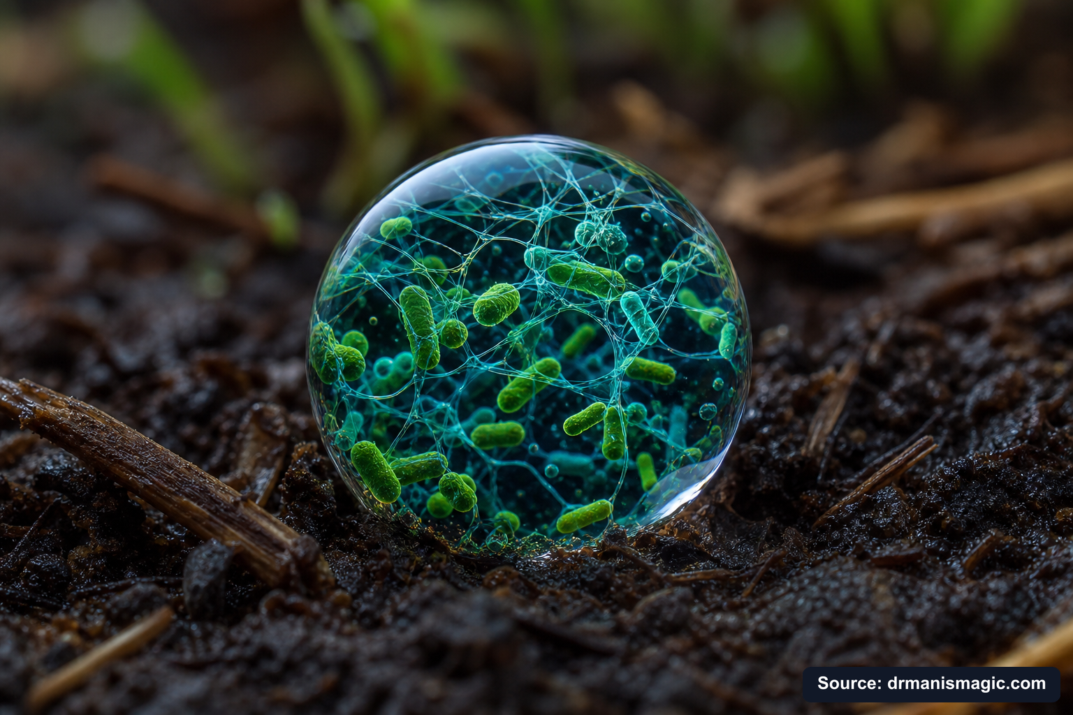 Close-up of live beneficial soil microbes and mycorrhizae fungi