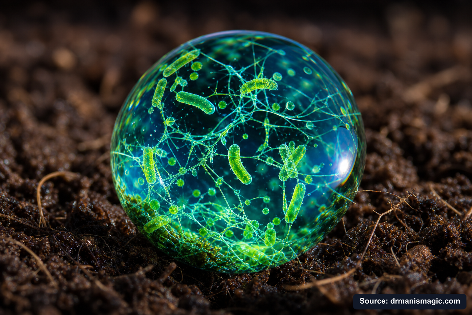 Close-up of live beneficial soil microbes and mycorrhizae fungi