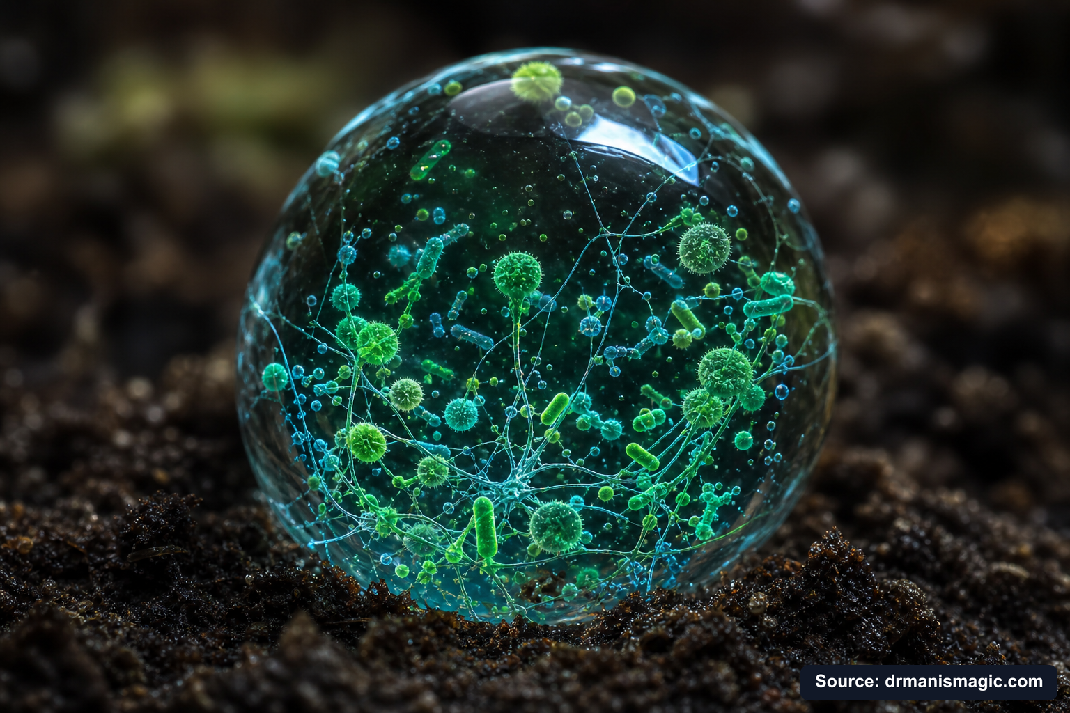 Close-up of live beneficial soil microbes and mycorrhizae fungi