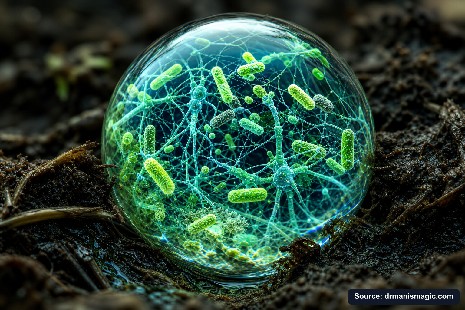 Close-up of live beneficial soil microbes and mycorrhizae fungi