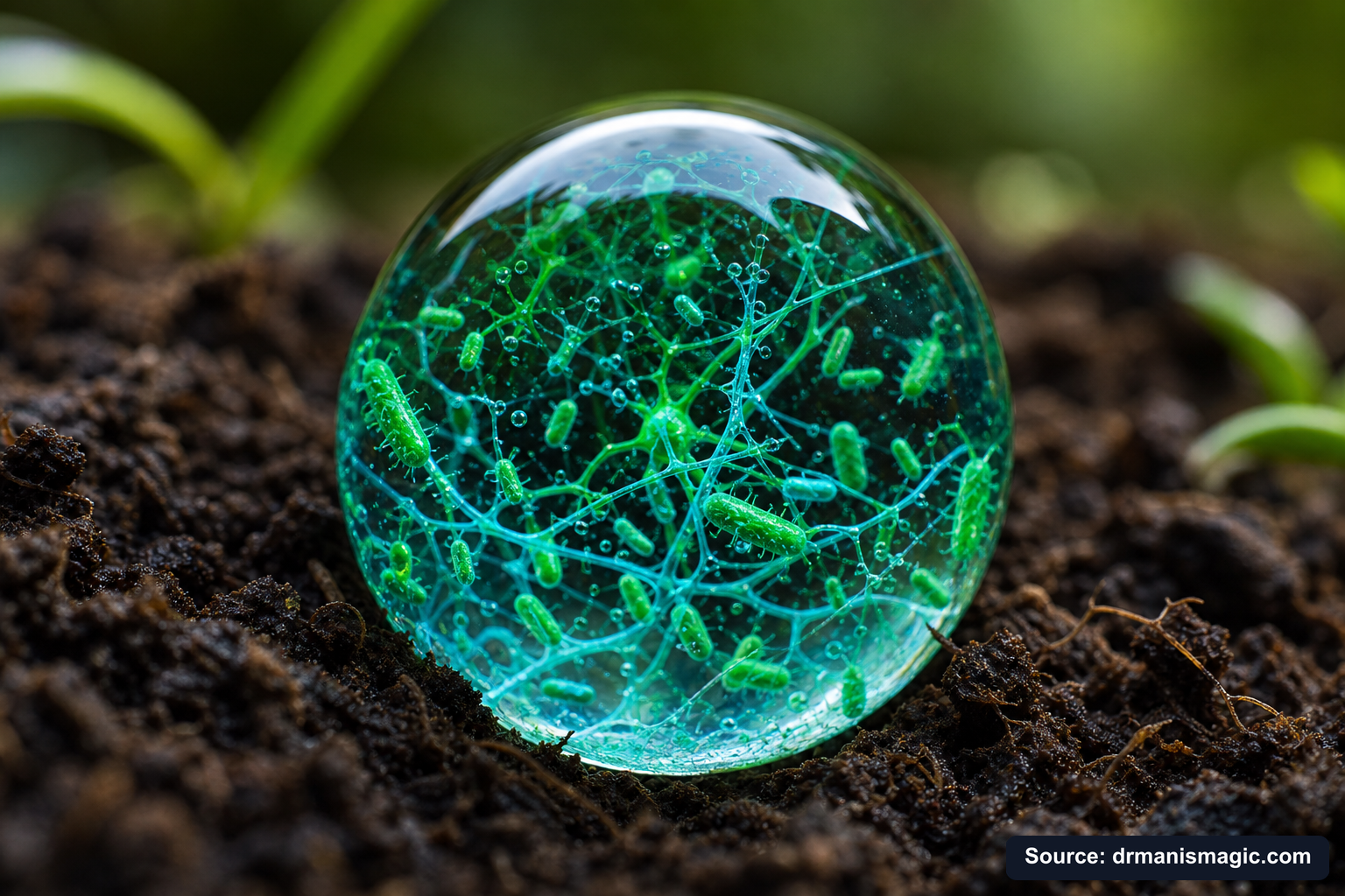 Close-up of live beneficial soil microbes and mycorrhizae fungi