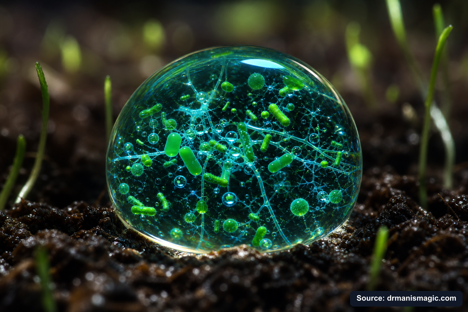 Close-up of live beneficial soil microbes and mycorrhizae fungi