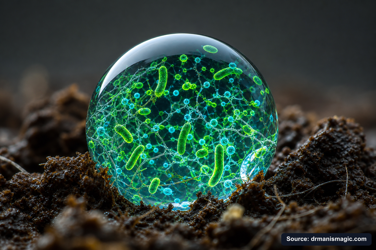 Close-up of live beneficial soil microbes and mycorrhizae fungi