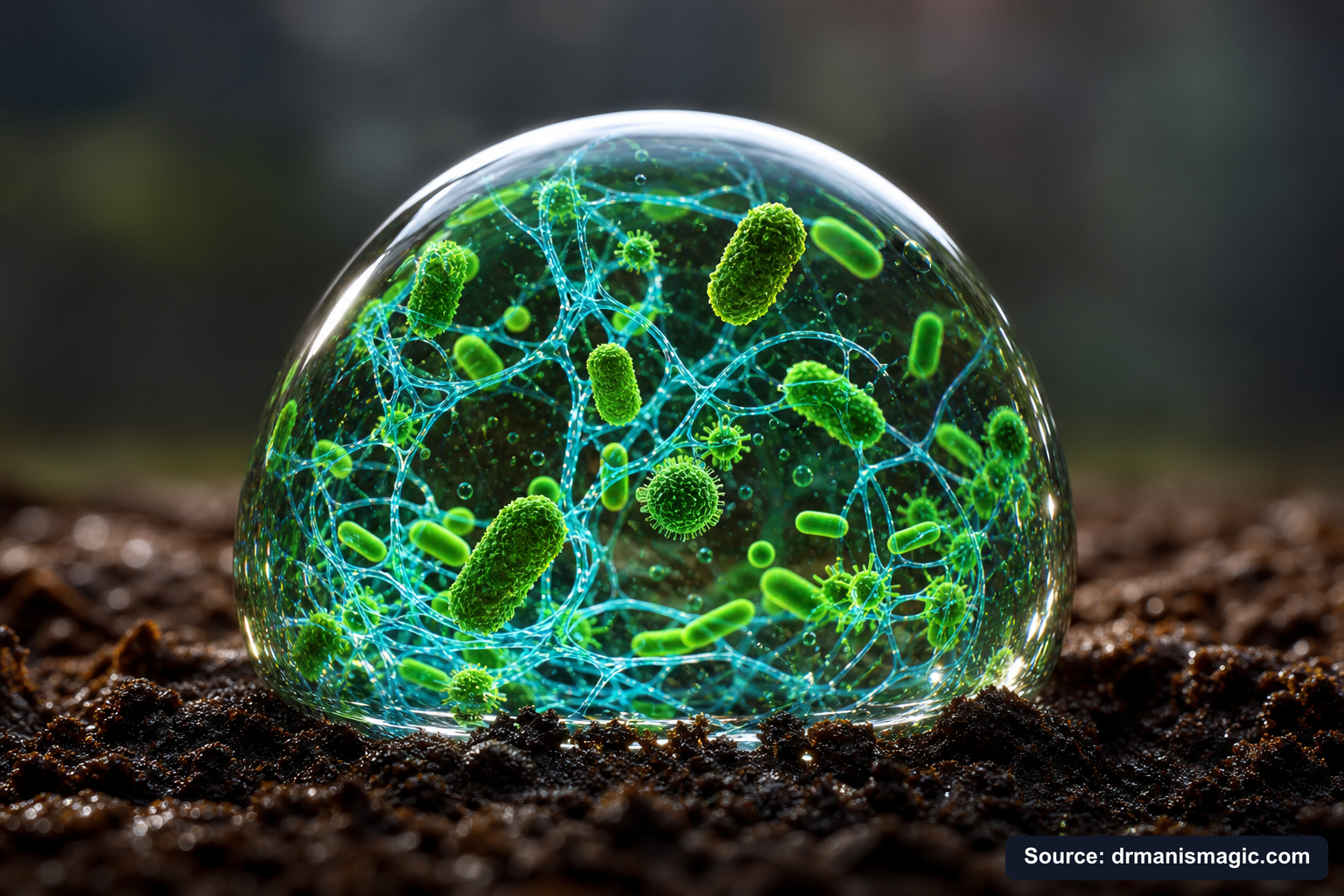 Close-up of live beneficial soil microbes and mycorrhizae fungi