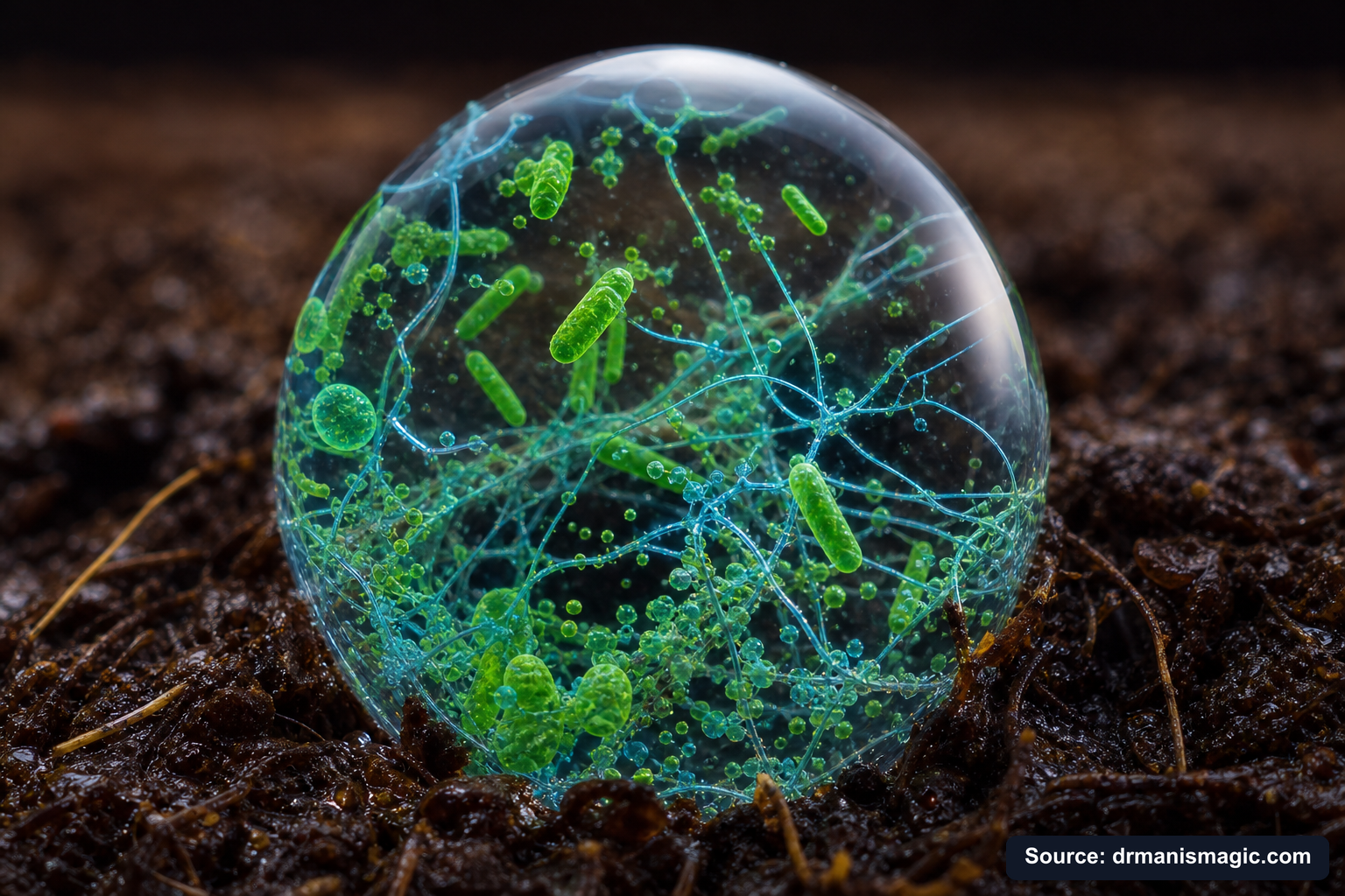 Close-up of live beneficial soil microbes and mycorrhizae fungi