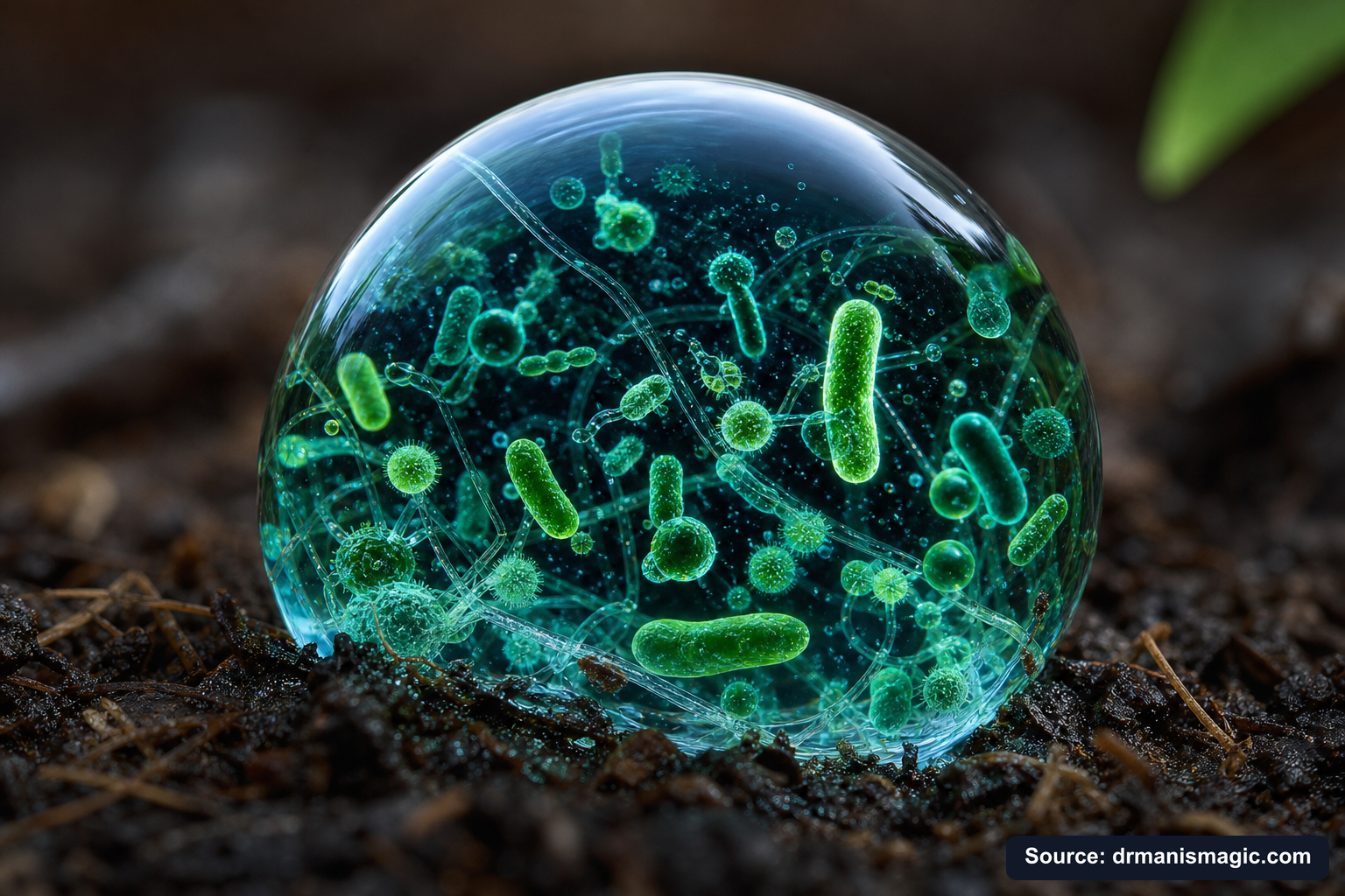 Close-up of live beneficial soil microbes and mycorrhizae fungi