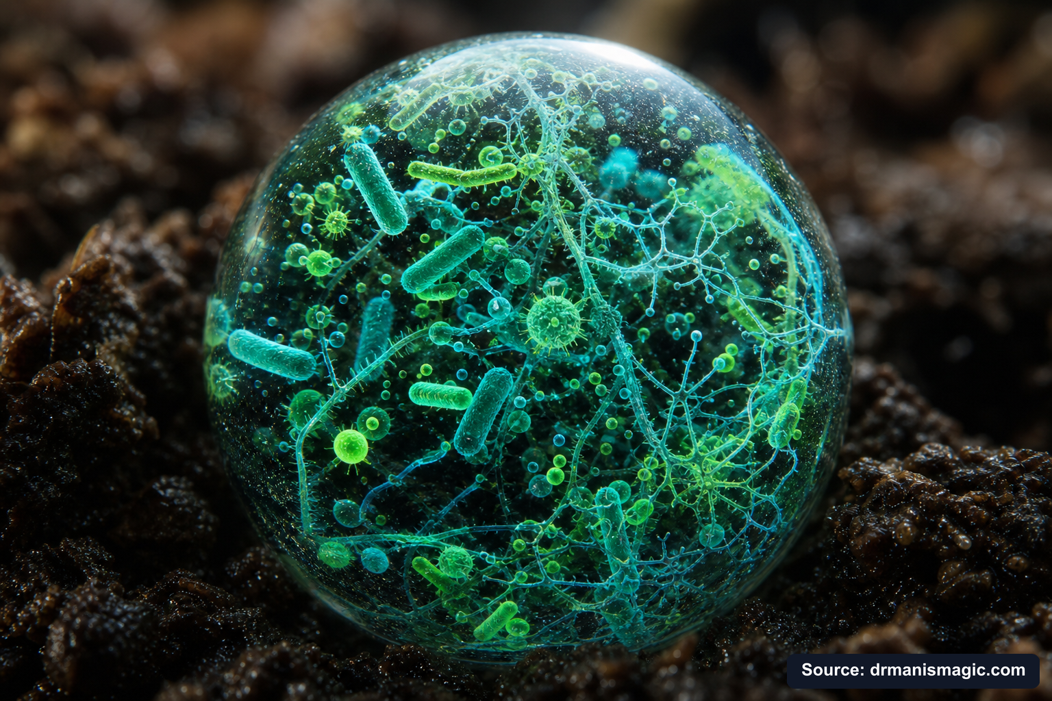 Close-up of live beneficial soil microbes and mycorrhizae fungi