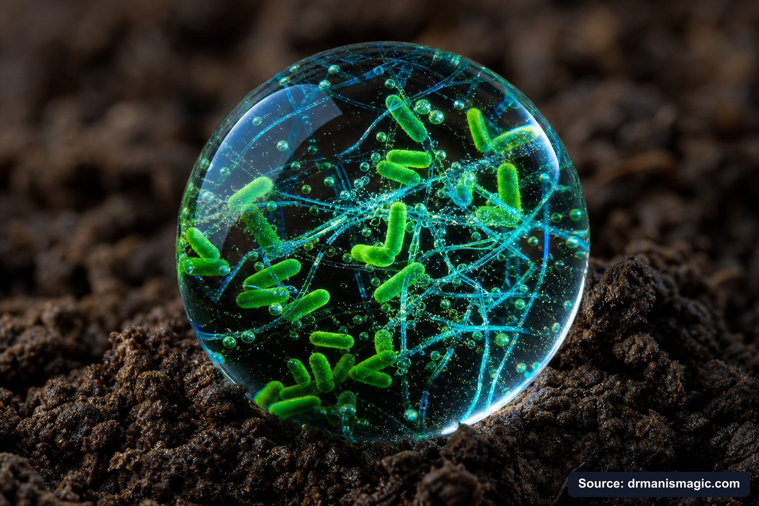 Close-up of live beneficial soil microbes and mycorrhizae fungi