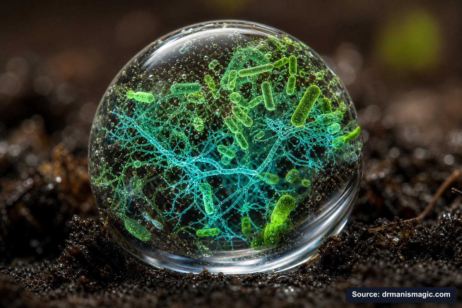 Close-up of live beneficial soil microbes and mycorrhizae fungi
