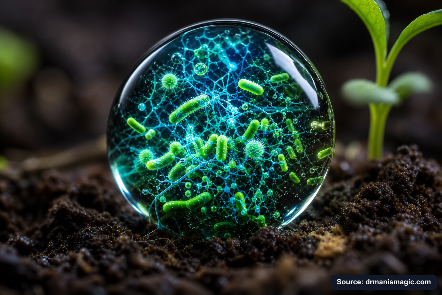 Close-up of live beneficial soil microbes and mycorrhizae fungi