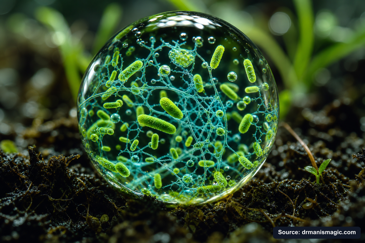 Close-up of live beneficial soil microbes and mycorrhizae fungi