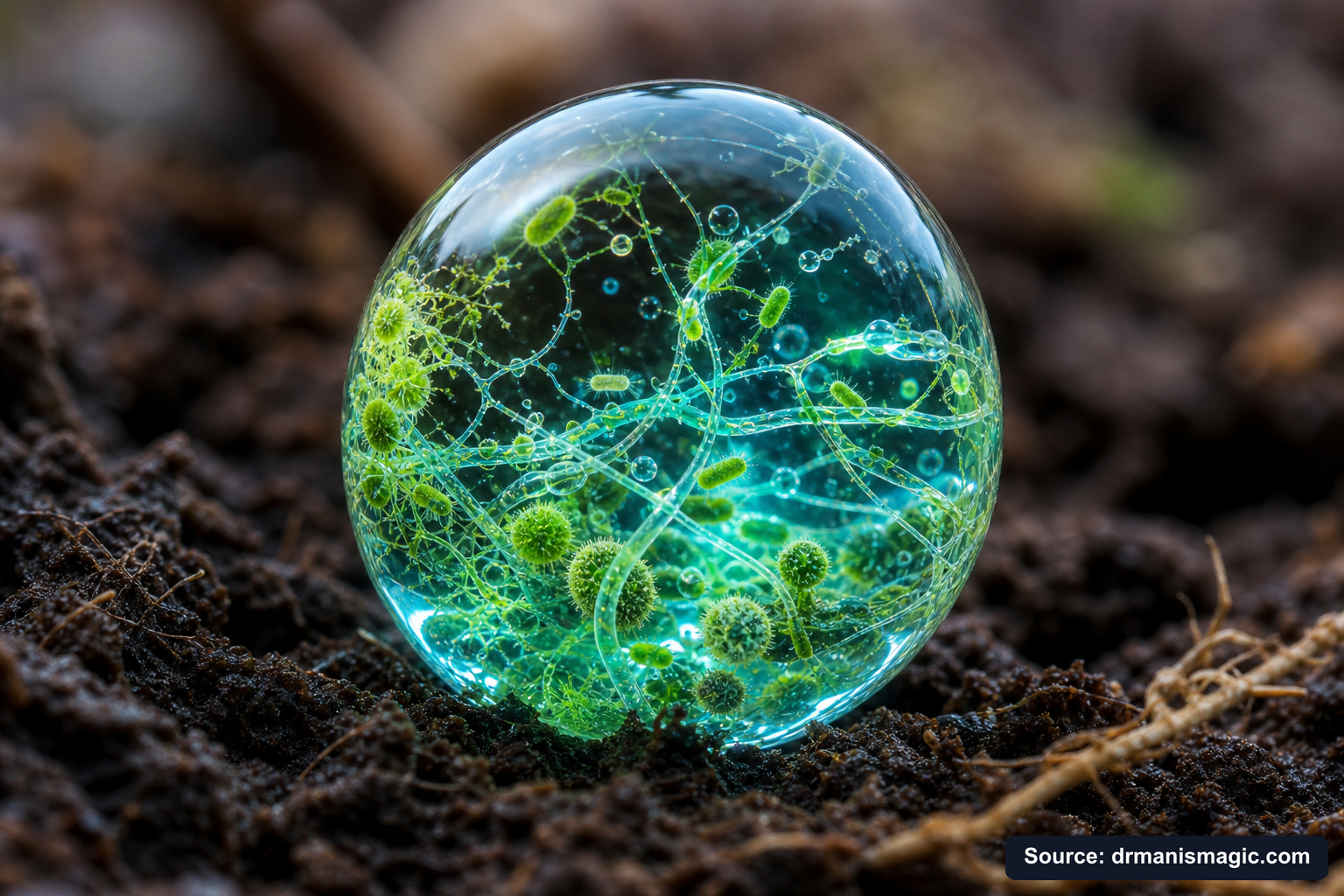 Close-up of live beneficial soil microbes and mycorrhizae fungi