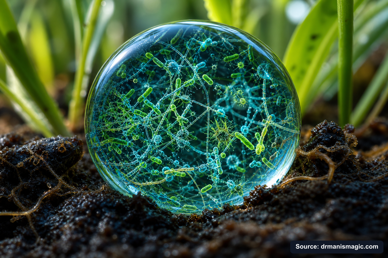Close-up of live beneficial soil microbes and mycorrhizae fungi