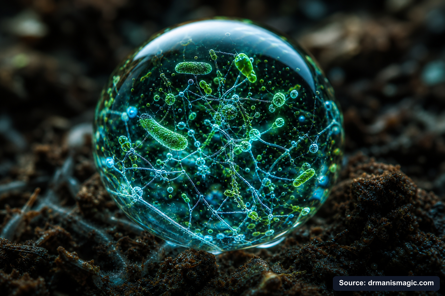 Close-up of live beneficial soil microbes and mycorrhizae fungi