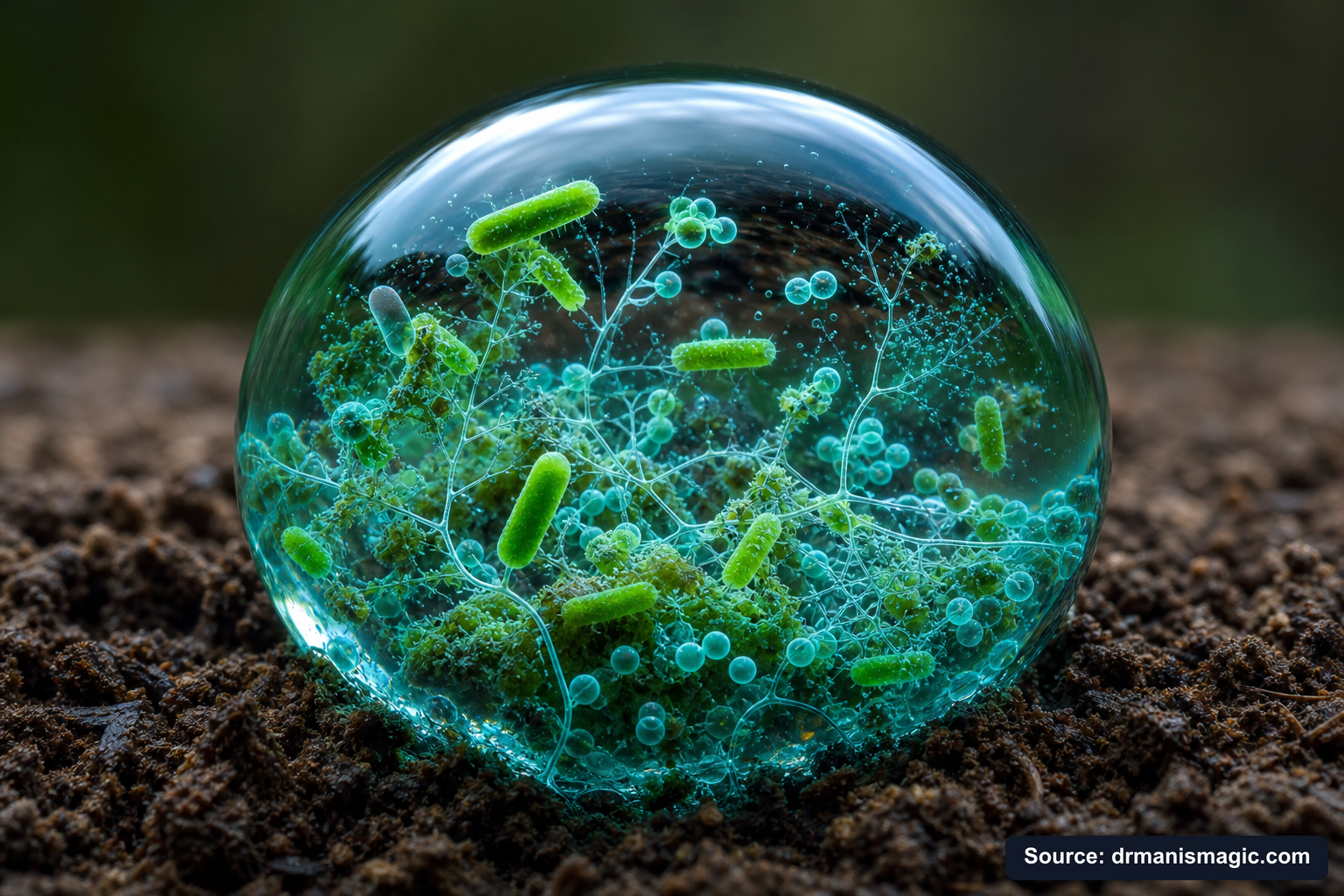 Close-up of live beneficial soil microbes and mycorrhizae fungi