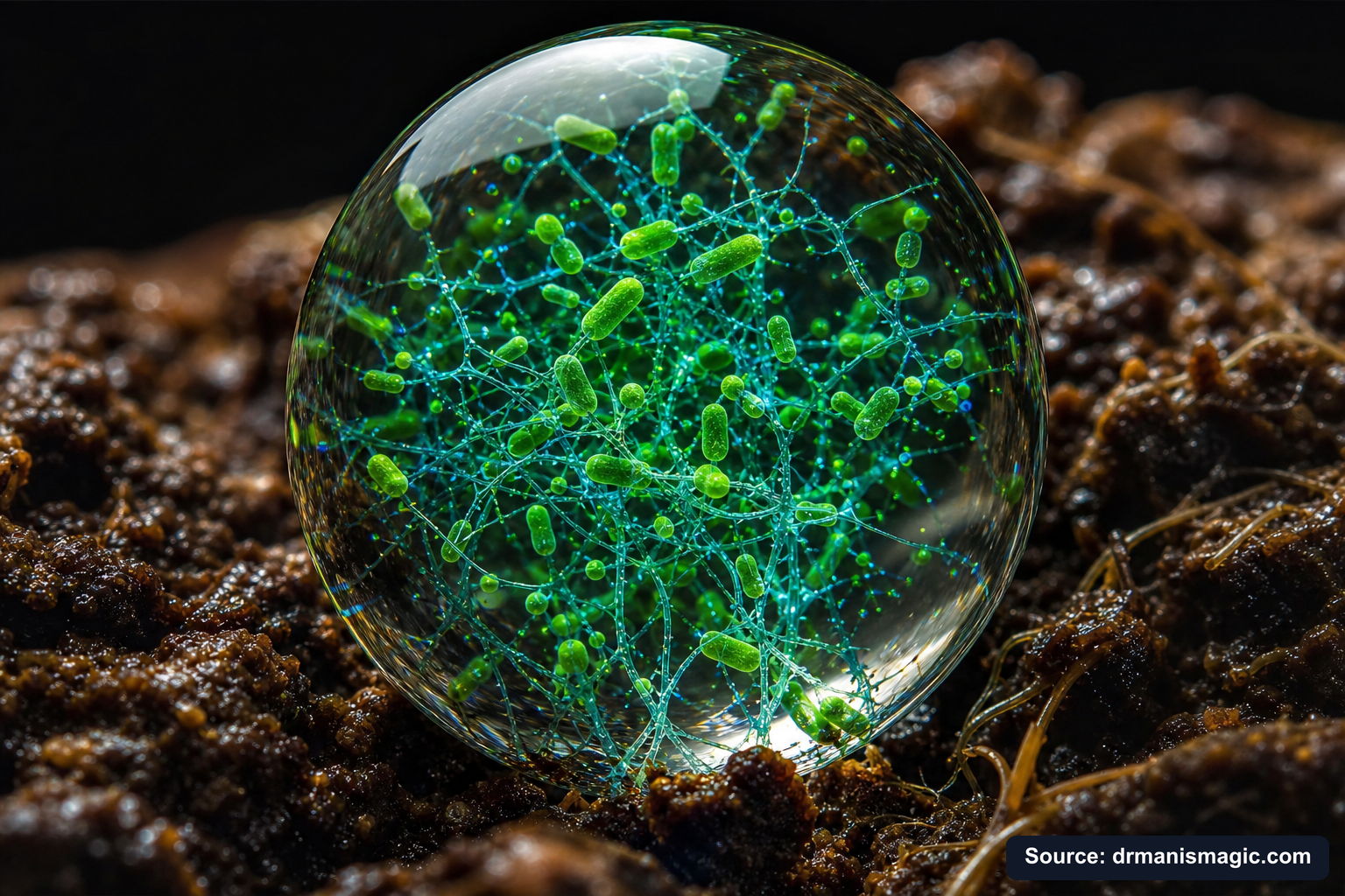 Close-up of live beneficial soil microbes and mycorrhizae fungi