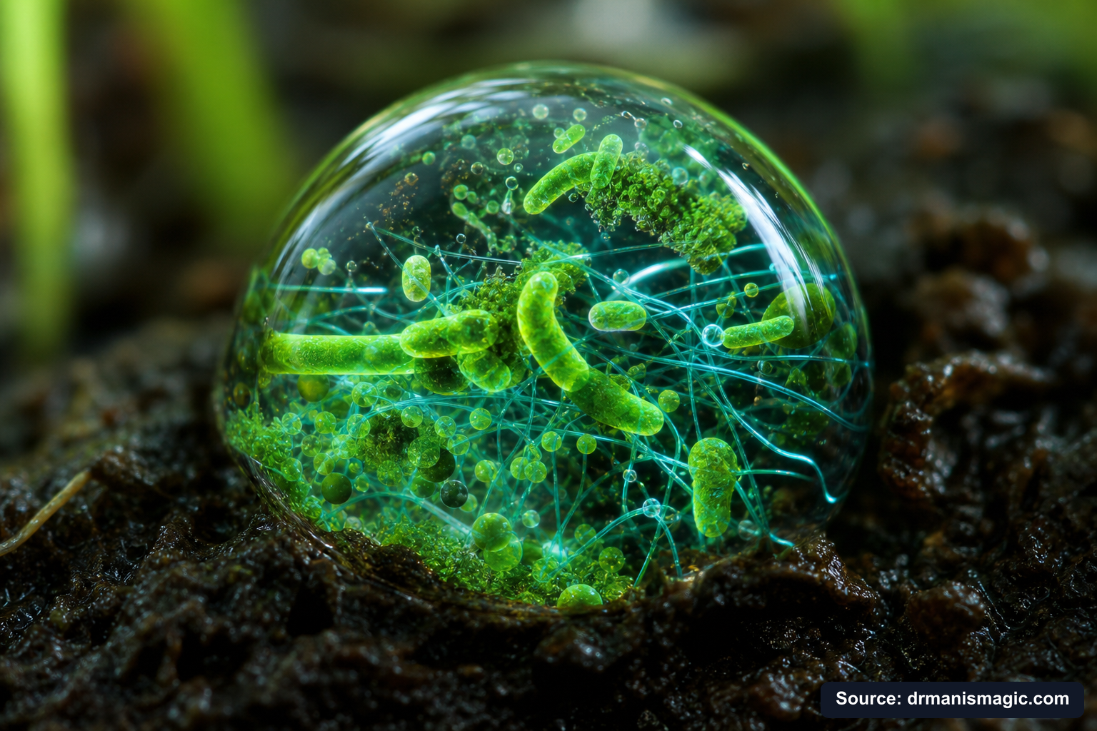 Close-up of live beneficial soil microbes and mycorrhizae fungi