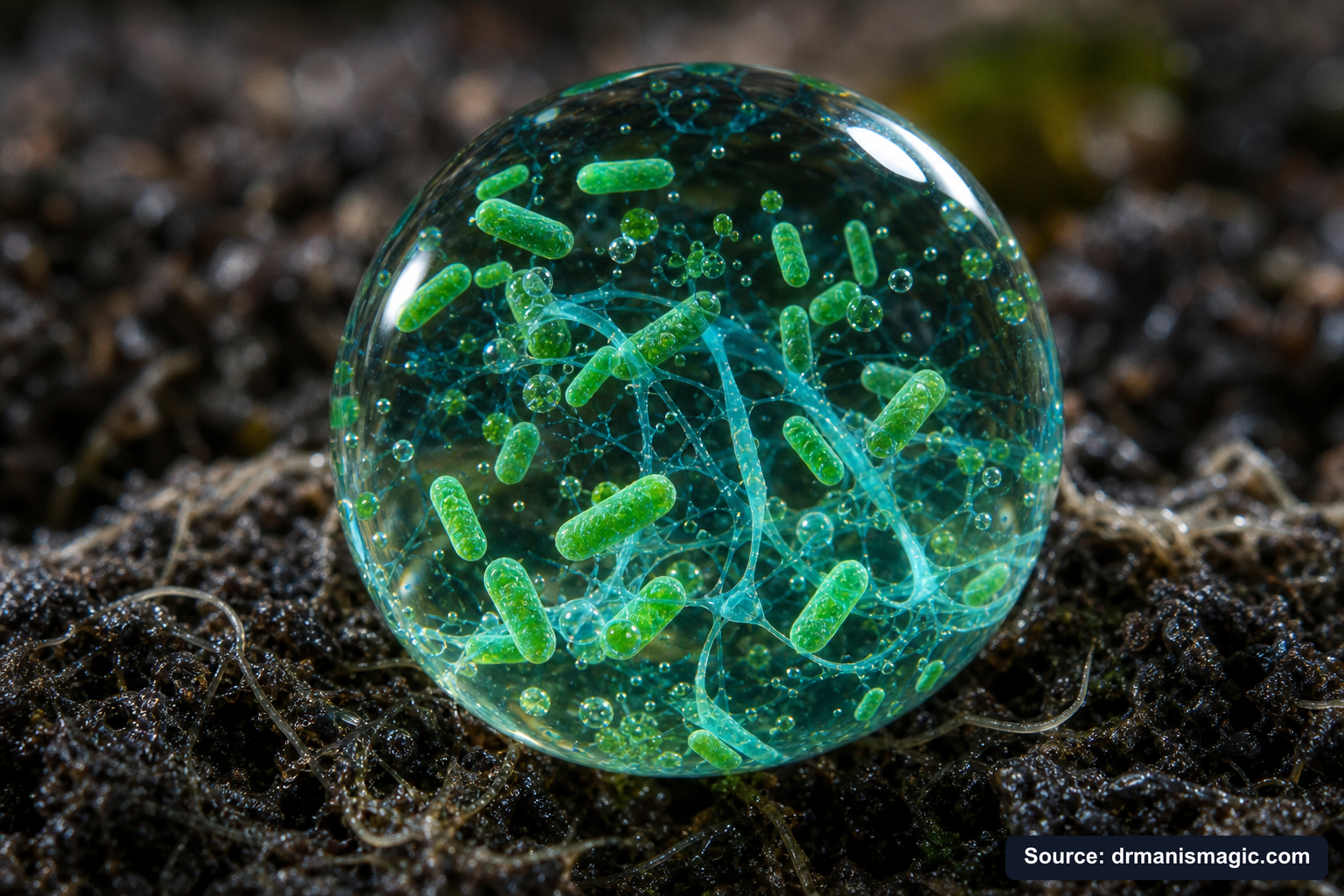 Close-up of live beneficial soil microbes and mycorrhizae fungi