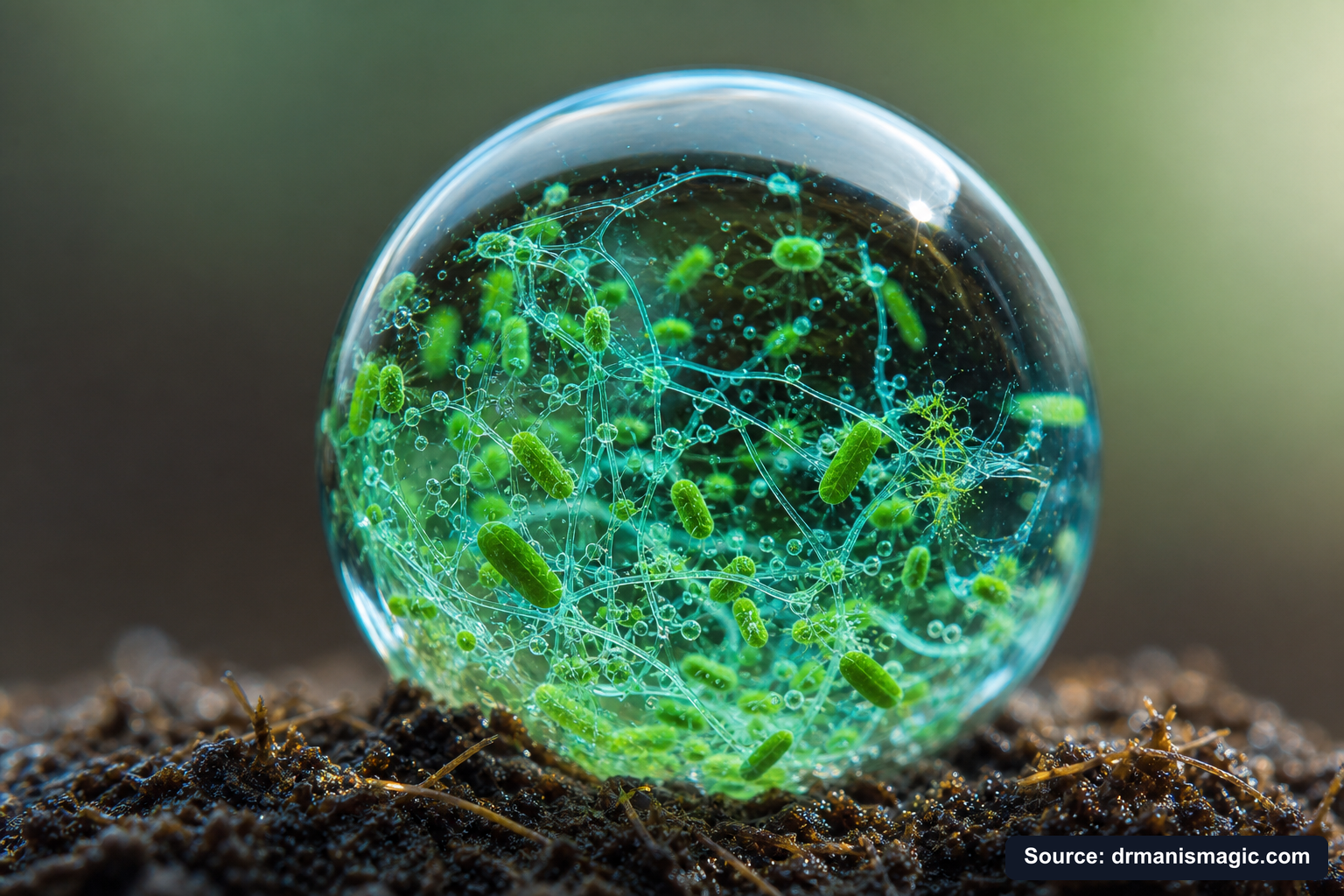Close-up of live beneficial soil microbes and mycorrhizae fungi