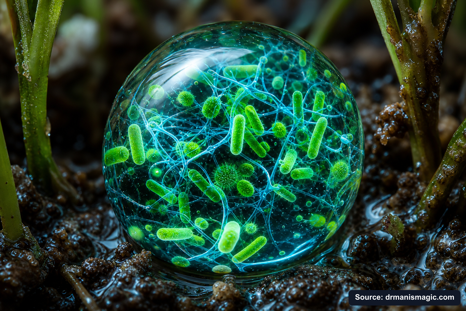 Close-up of live beneficial soil microbes and mycorrhizae fungi