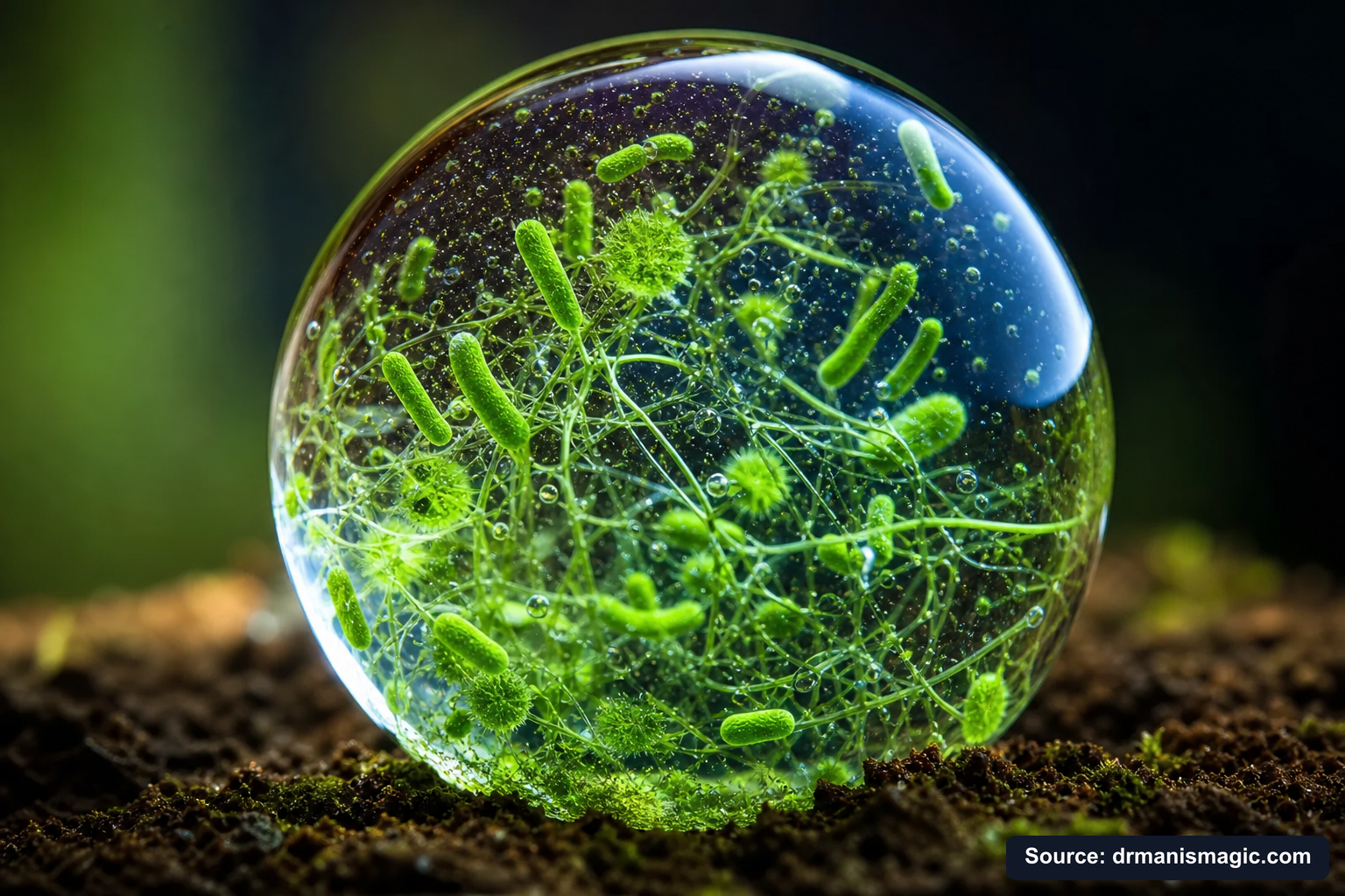 Close-up of live beneficial soil microbes and mycorrhizae fungi