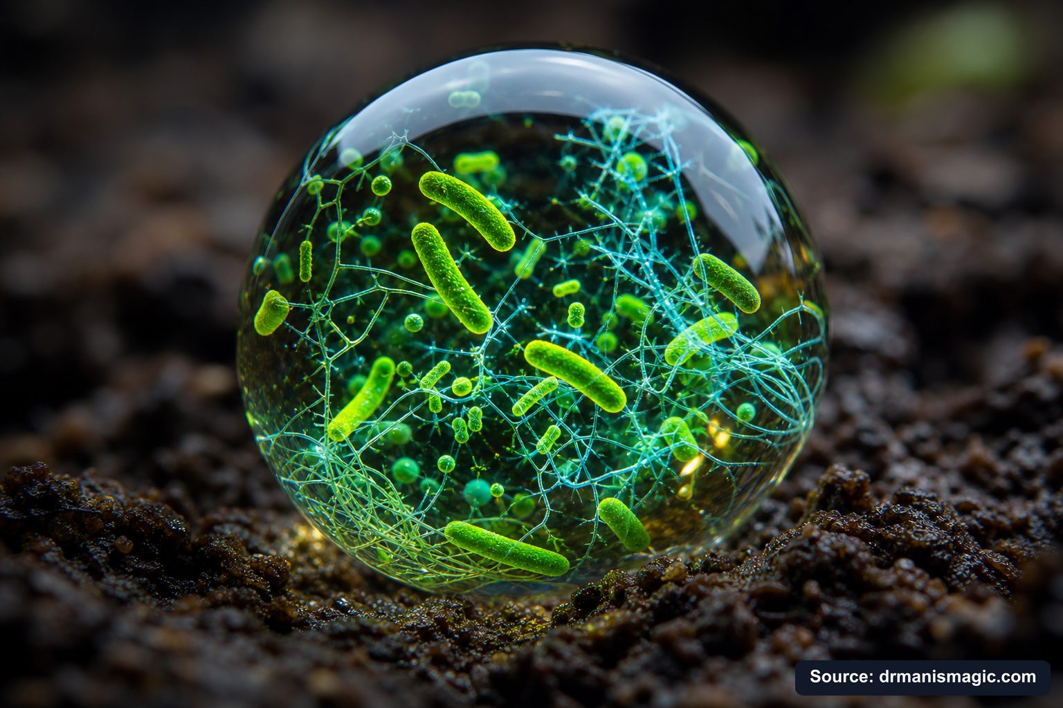 Close-up of live beneficial soil microbes and mycorrhizae fungi