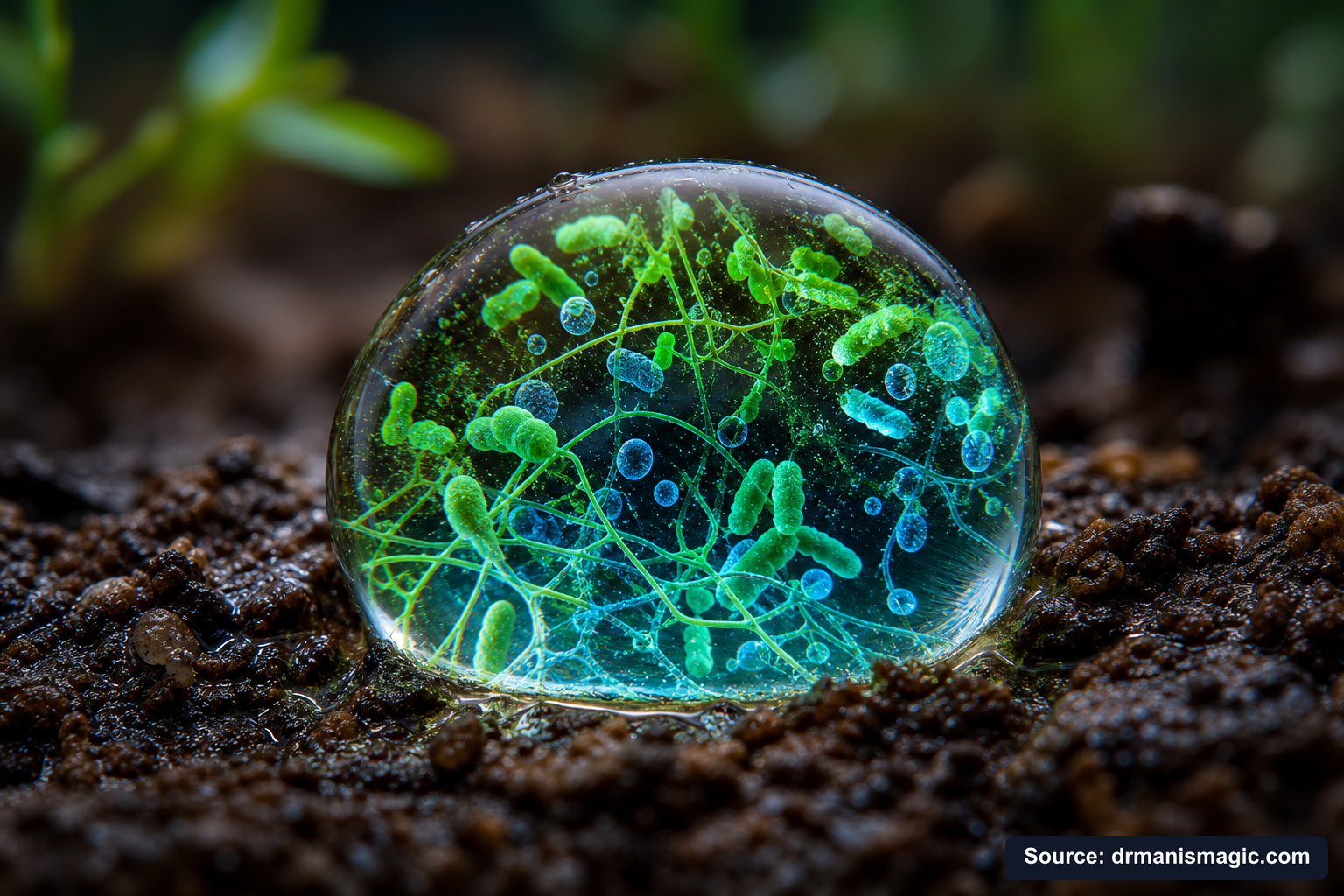 Close-up of live beneficial soil microbes and mycorrhizae fungi