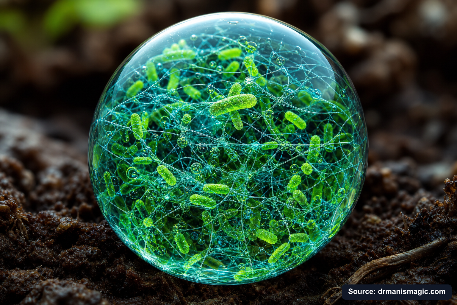 Close-up of live beneficial soil microbes and mycorrhizae fungi