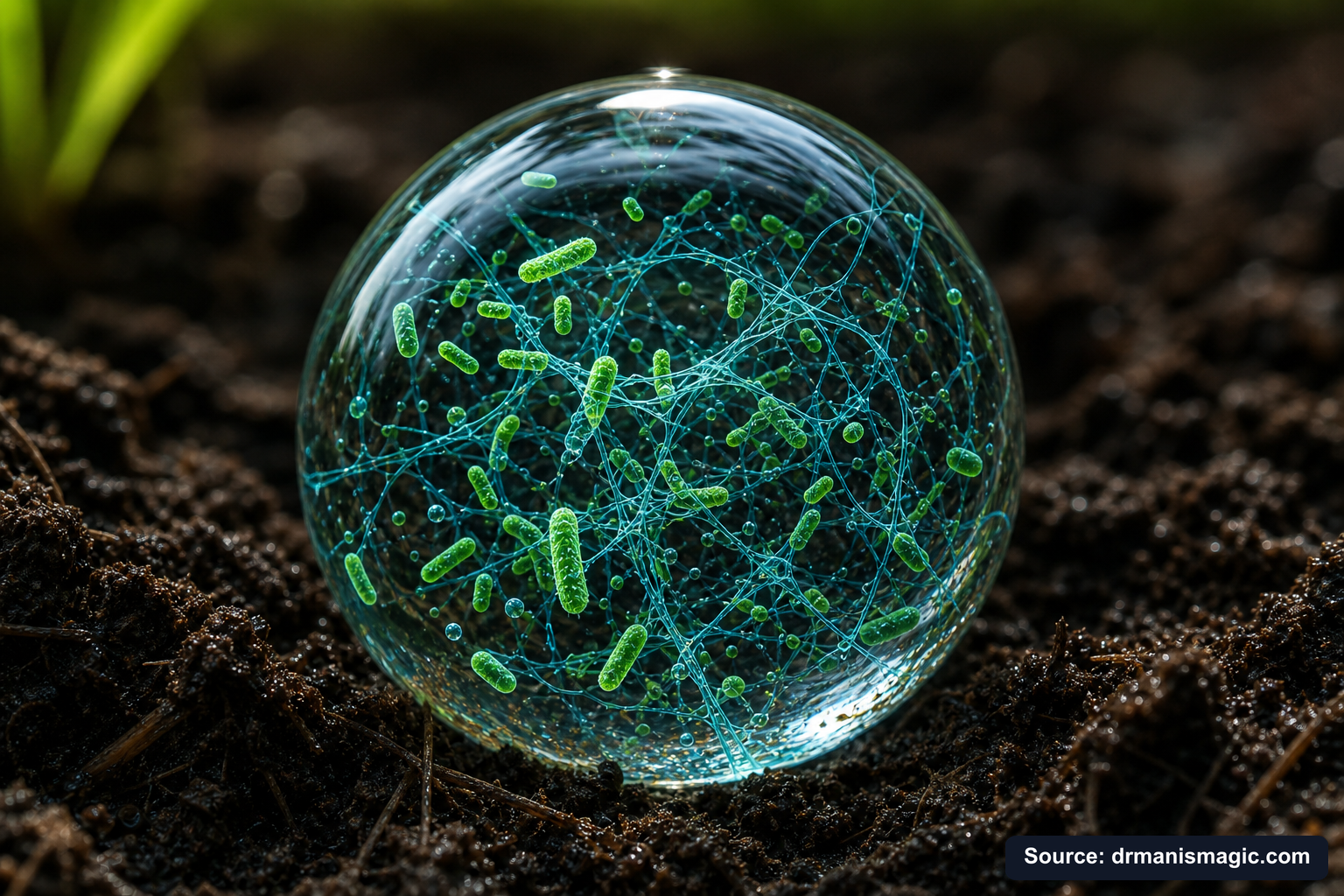 Close-up of live beneficial soil microbes and mycorrhizae fungi
