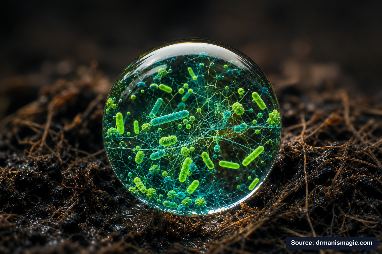Close-up of live beneficial soil microbes and mycorrhizae fungi