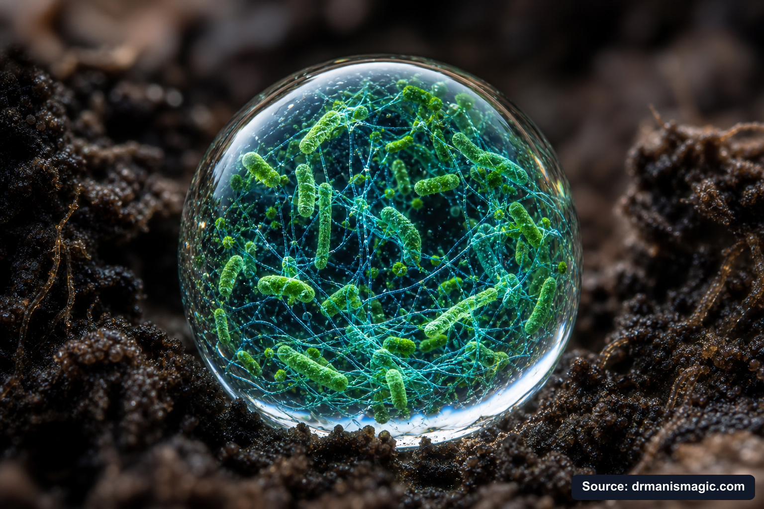 Close-up of live beneficial soil microbes and mycorrhizae fungi