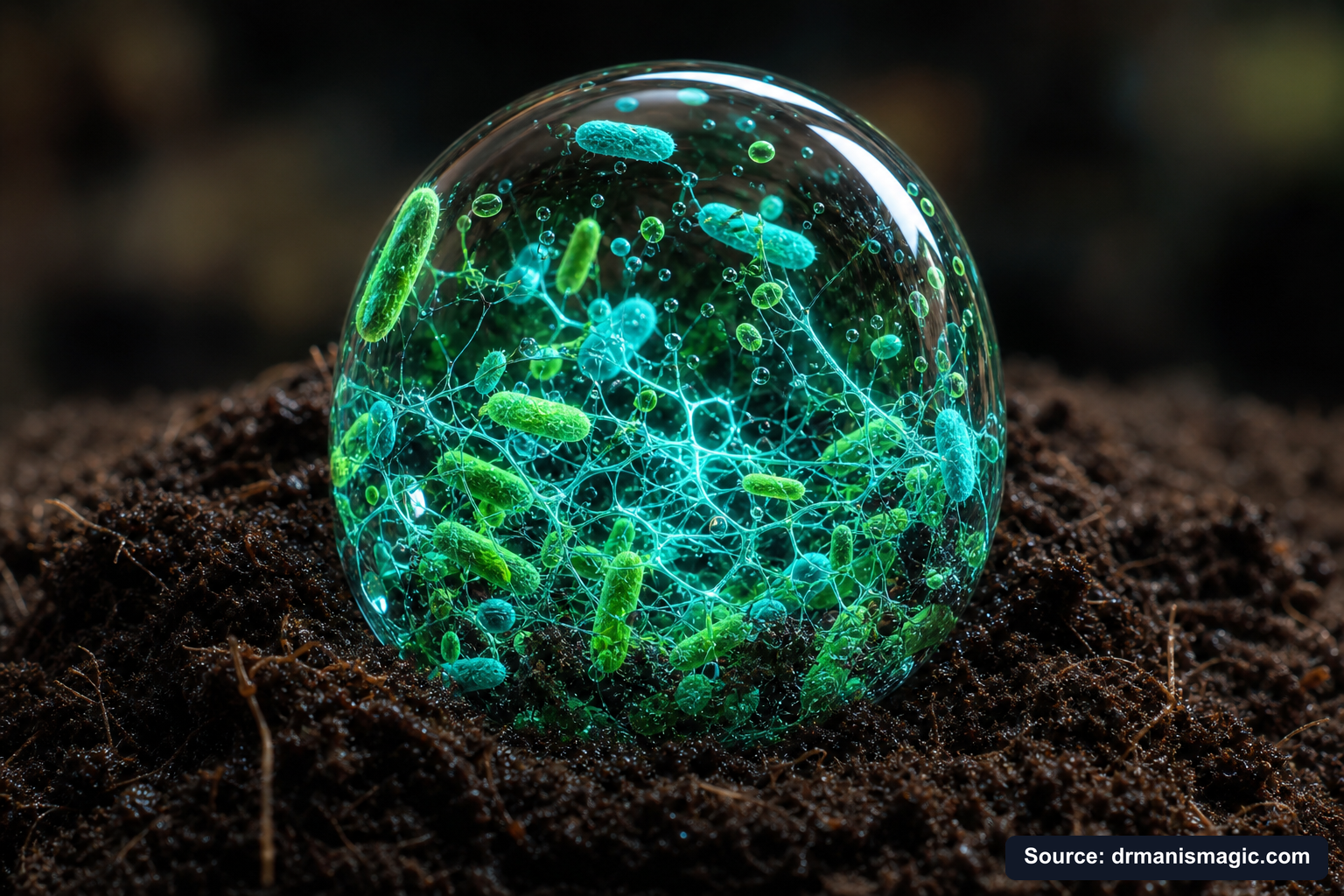 Close-up of live beneficial soil microbes and mycorrhizae fungi