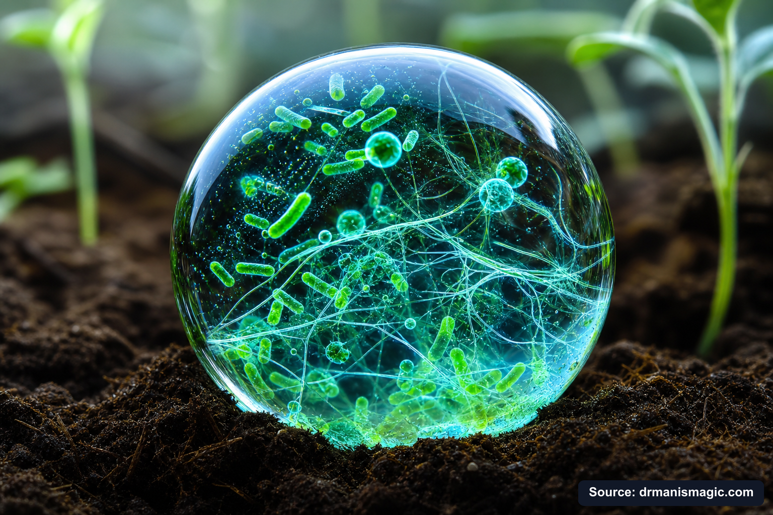 Close-up of live beneficial soil microbes and mycorrhizae fungi