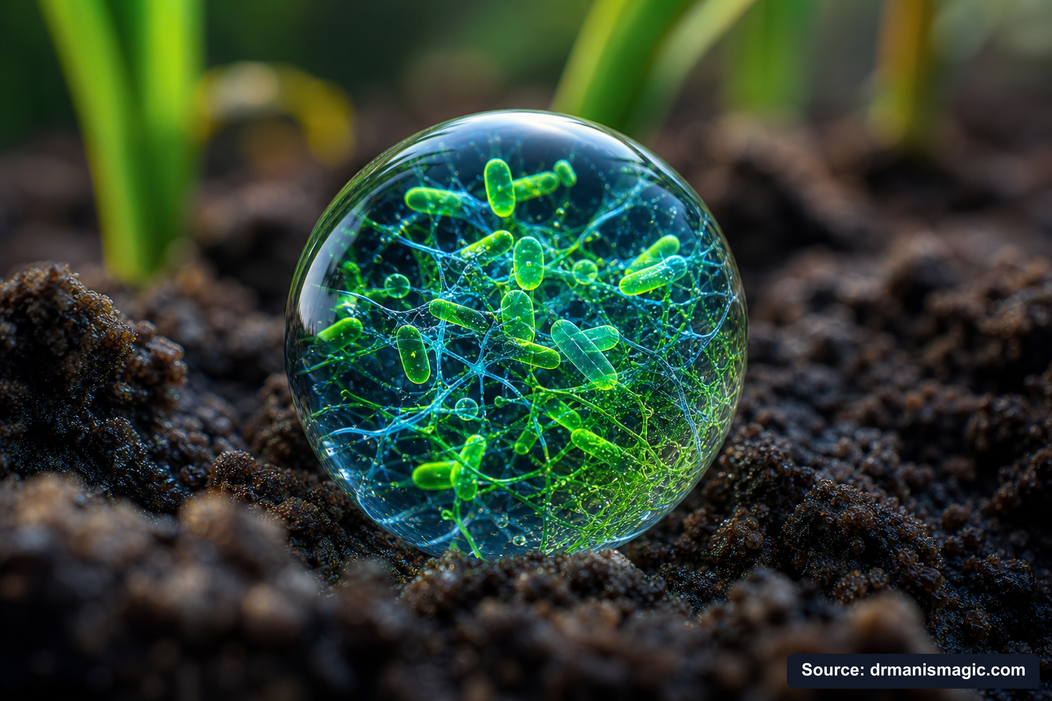 Close-up of live beneficial soil microbes and mycorrhizae fungi