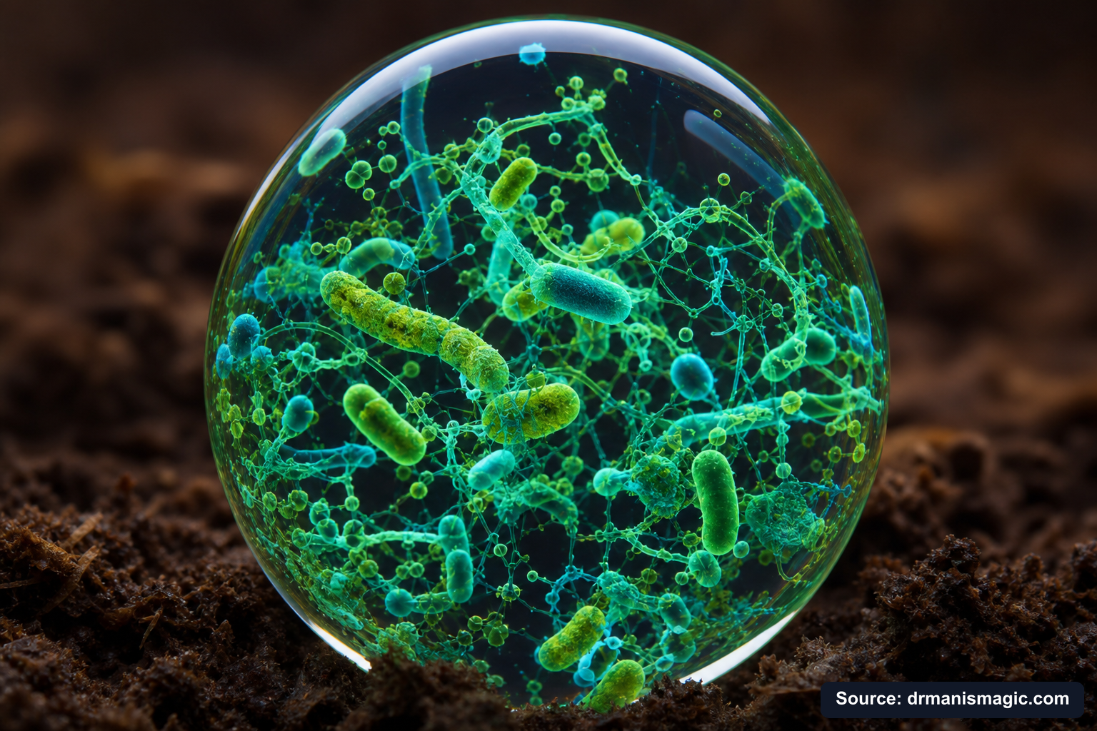 Close-up of live beneficial soil microbes and mycorrhizae fungi