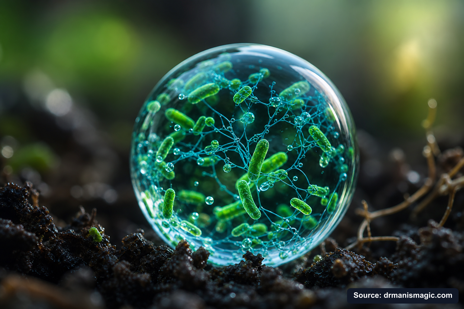 Close-up of live beneficial soil microbes and mycorrhizae fungi