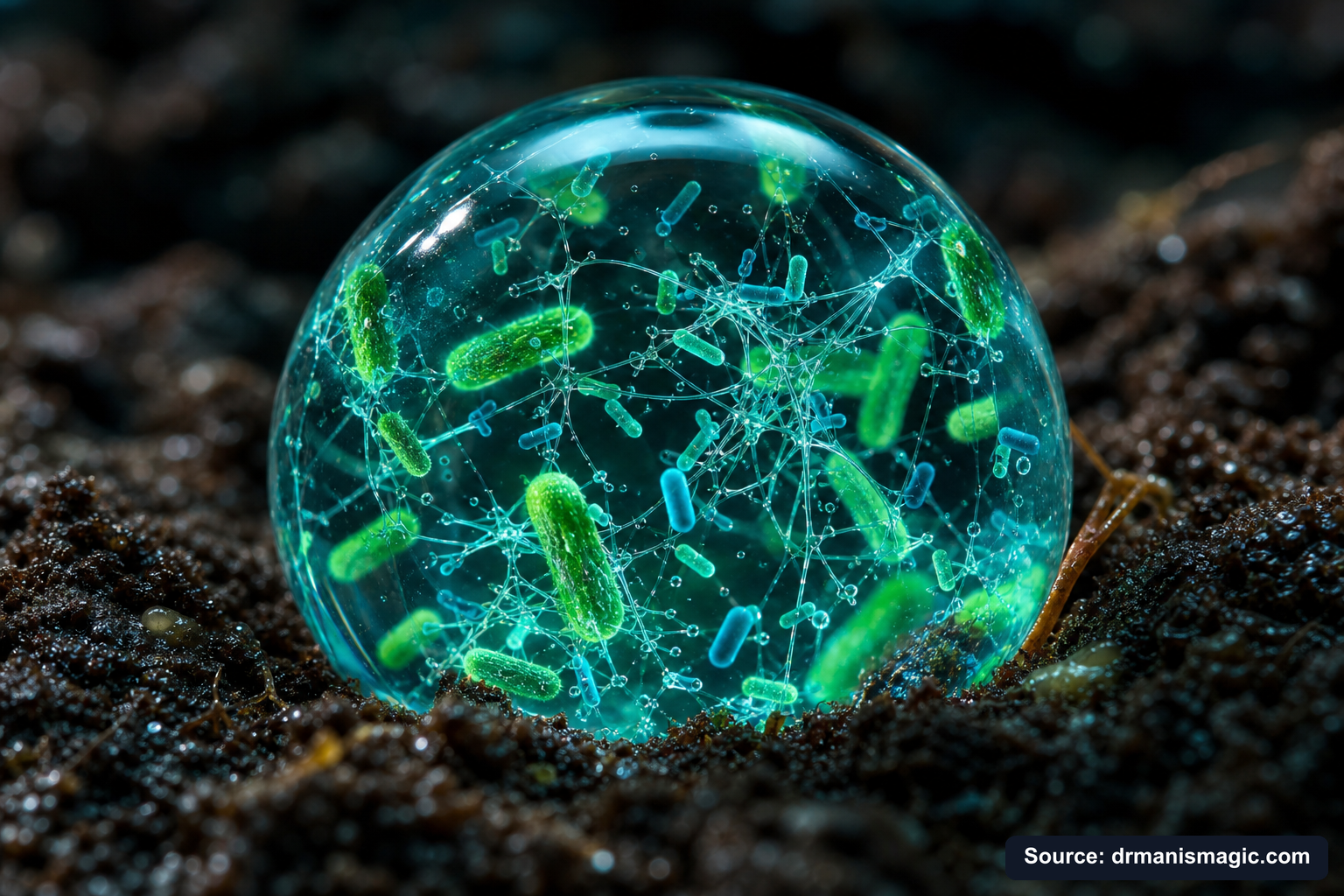 Close-up of live beneficial soil microbes and mycorrhizae fungi