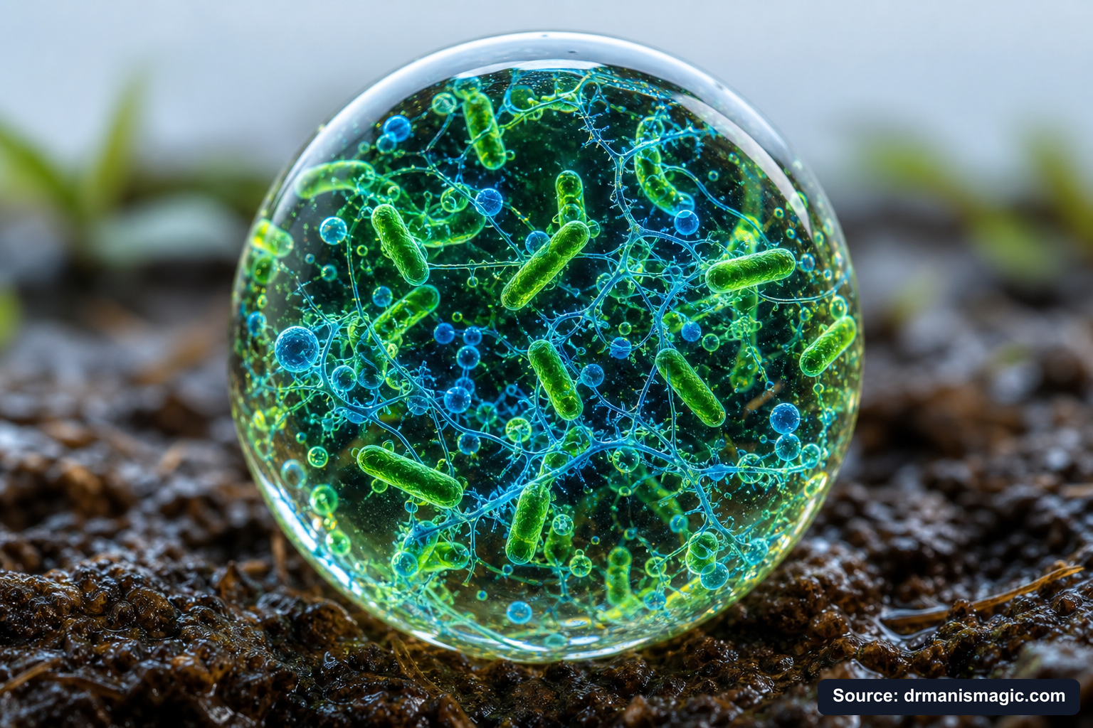 Close-up of live beneficial soil microbes and mycorrhizae fungi