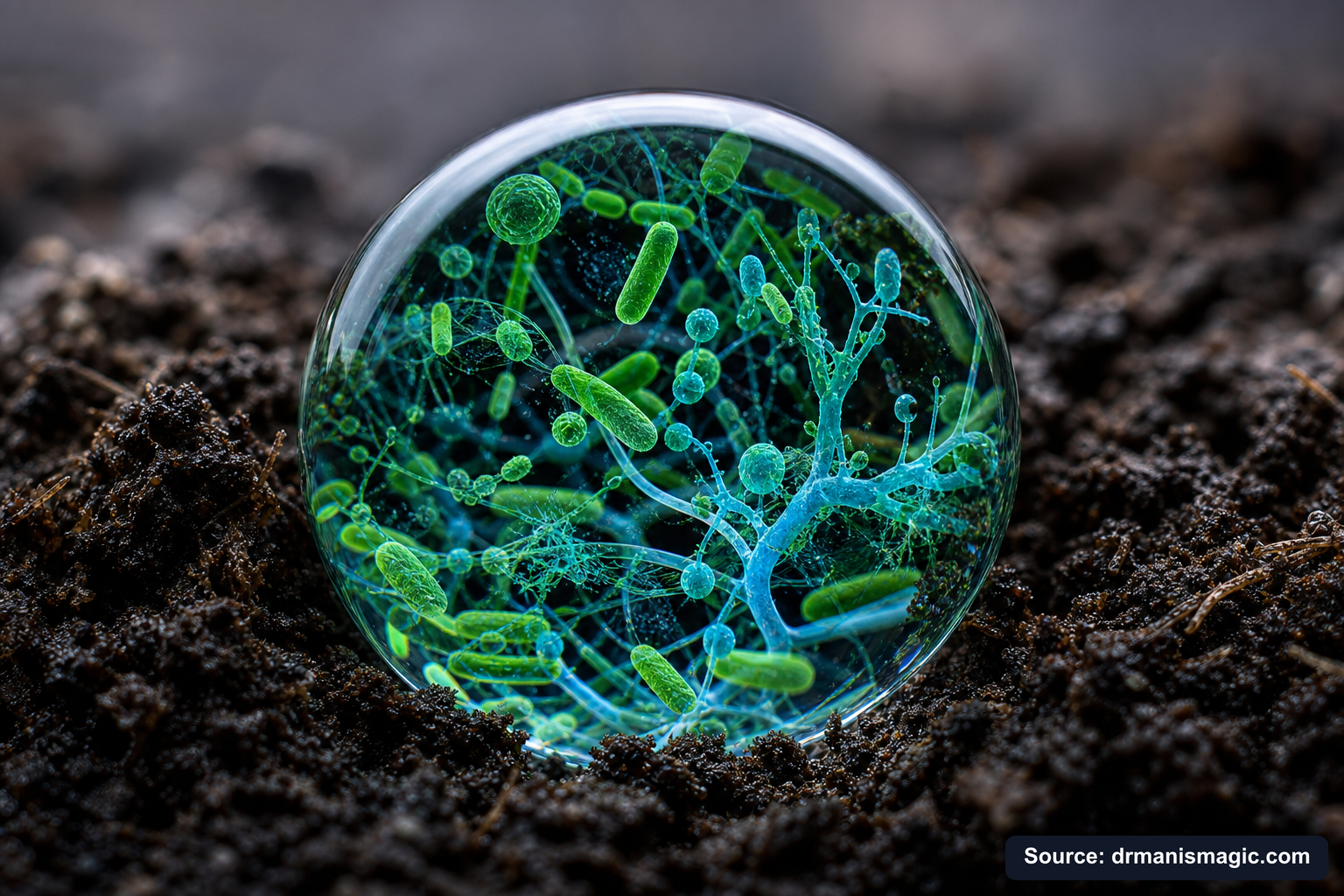 Close-up of live beneficial soil microbes and mycorrhizae fungi