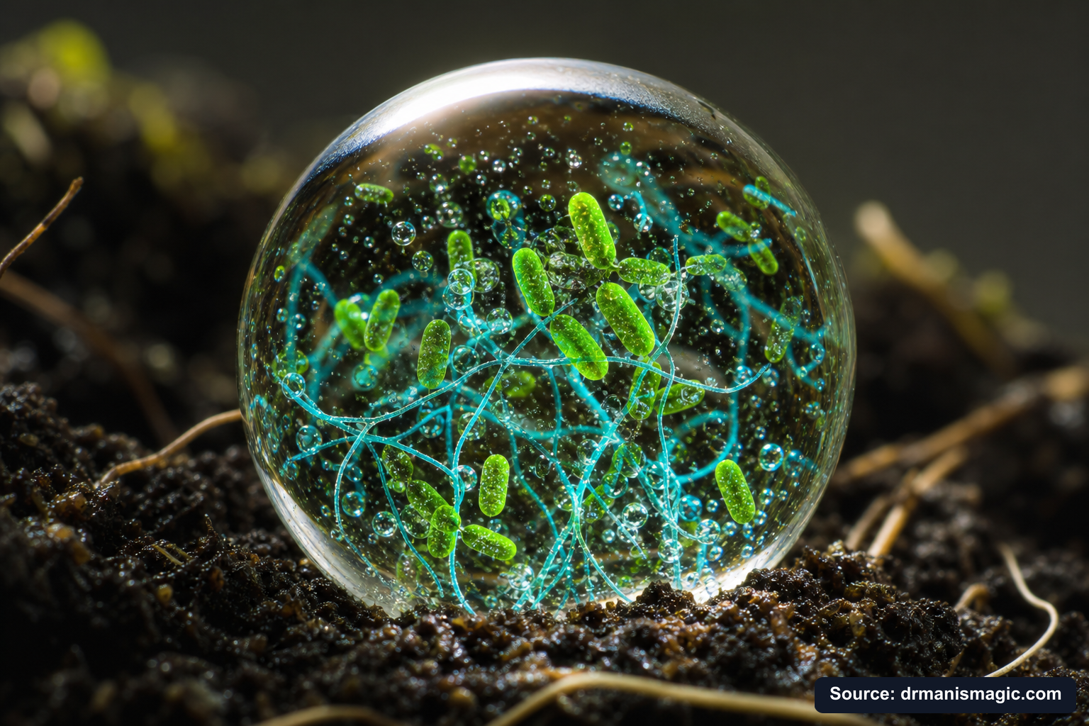 Close-up of live beneficial soil microbes and mycorrhizae fungi
