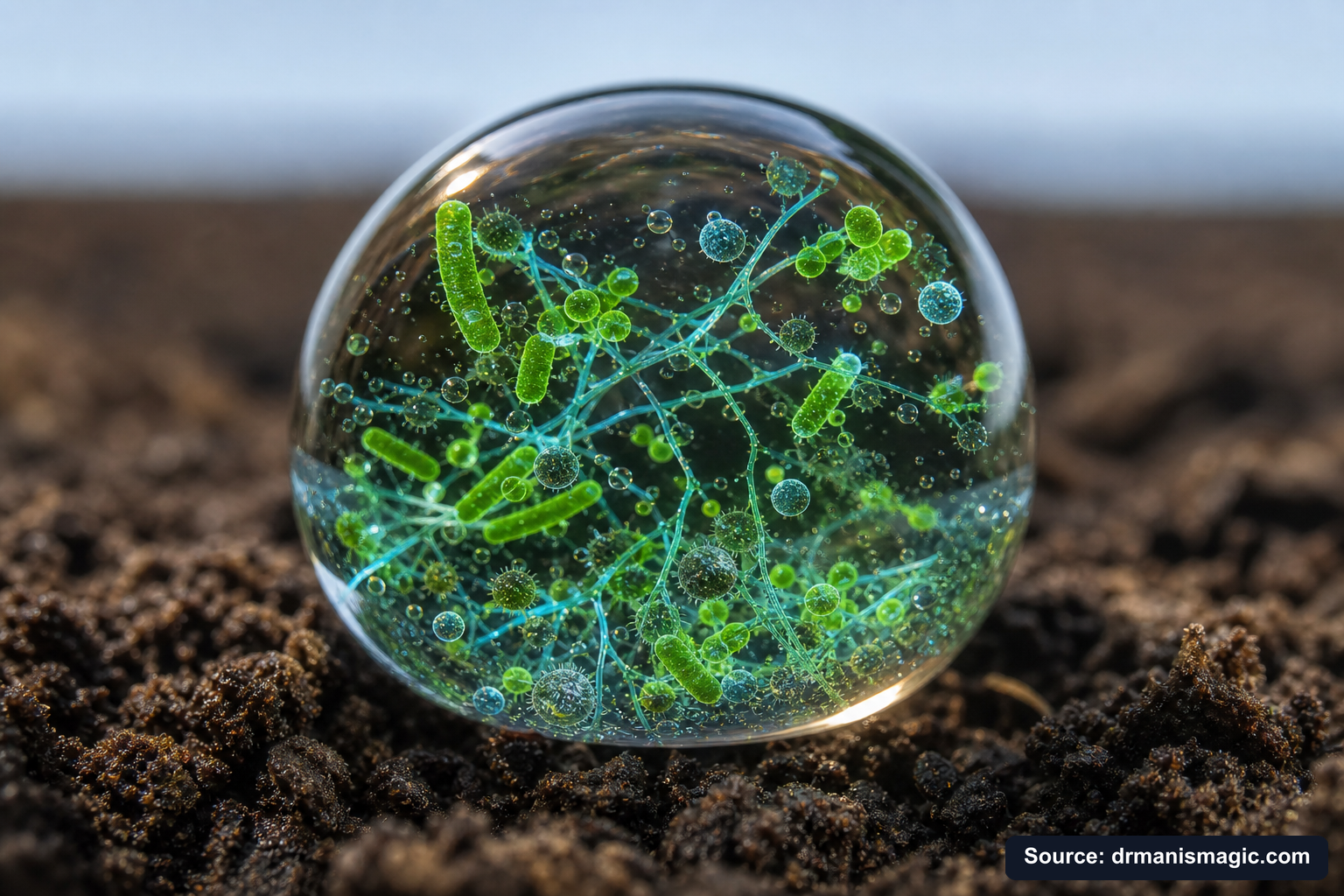 Close-up of live beneficial soil microbes and mycorrhizae fungi
