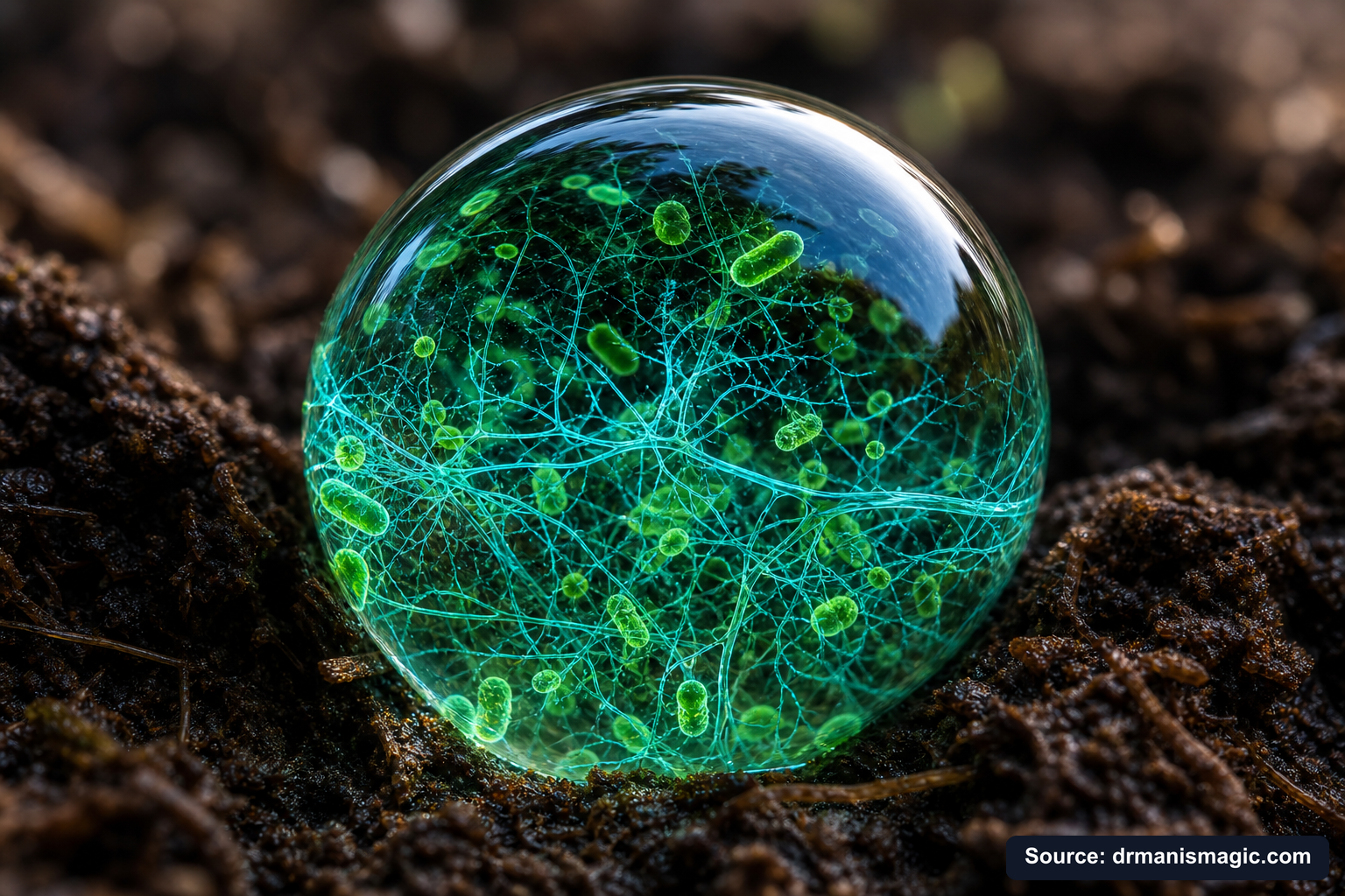Close-up of live beneficial soil microbes and mycorrhizae fungi